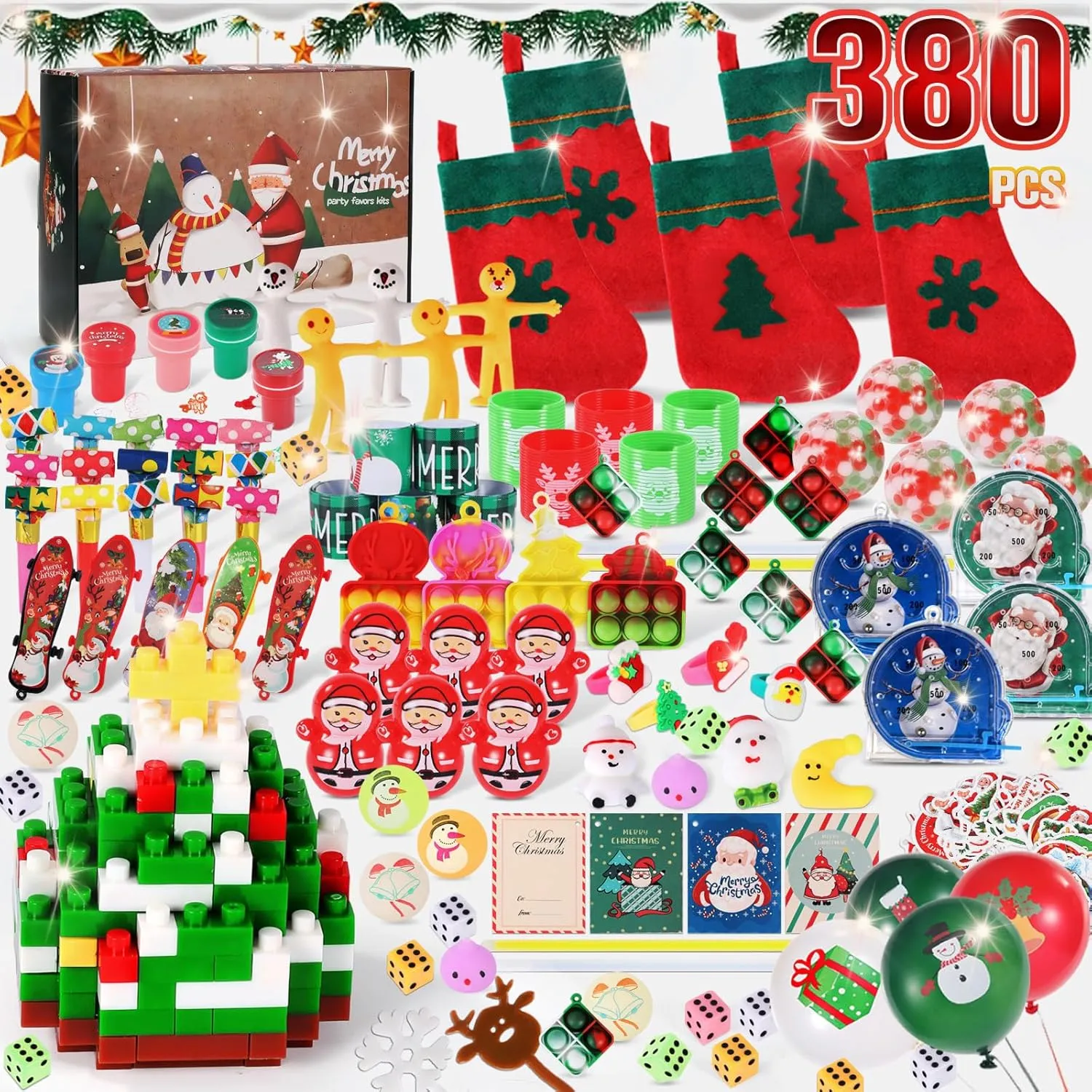 380 pcs Christmas Party Favors, Christmas Toys Bulk for Kids,Goodie Bag Stuffers, Christmas Pinata Stuffers,School Classroom Prizes,Treasure Box Toys, Carnival Prizes