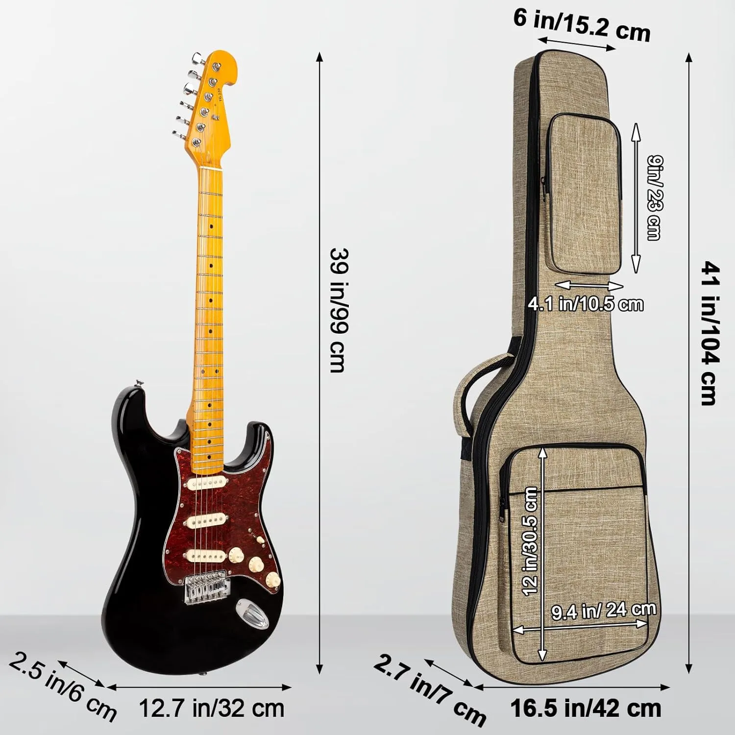 39 Inch Electric Guitar Bag, Electric Guitar Gig Bag 0.38 Inch Thick Padding Backpack Soft Electric Guitar Bag Dual Adjustable Shoulder Strap Pocket & Neck Strap Khaki