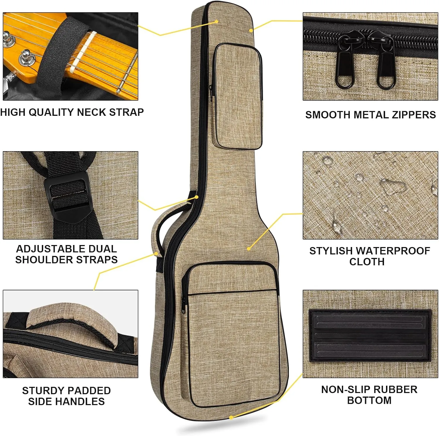 39 Inch Electric Guitar Bag, Electric Guitar Gig Bag 0.38 Inch Thick Padding Backpack Soft Electric Guitar Bag Dual Adjustable Shoulder Strap Pocket & Neck Strap Khaki