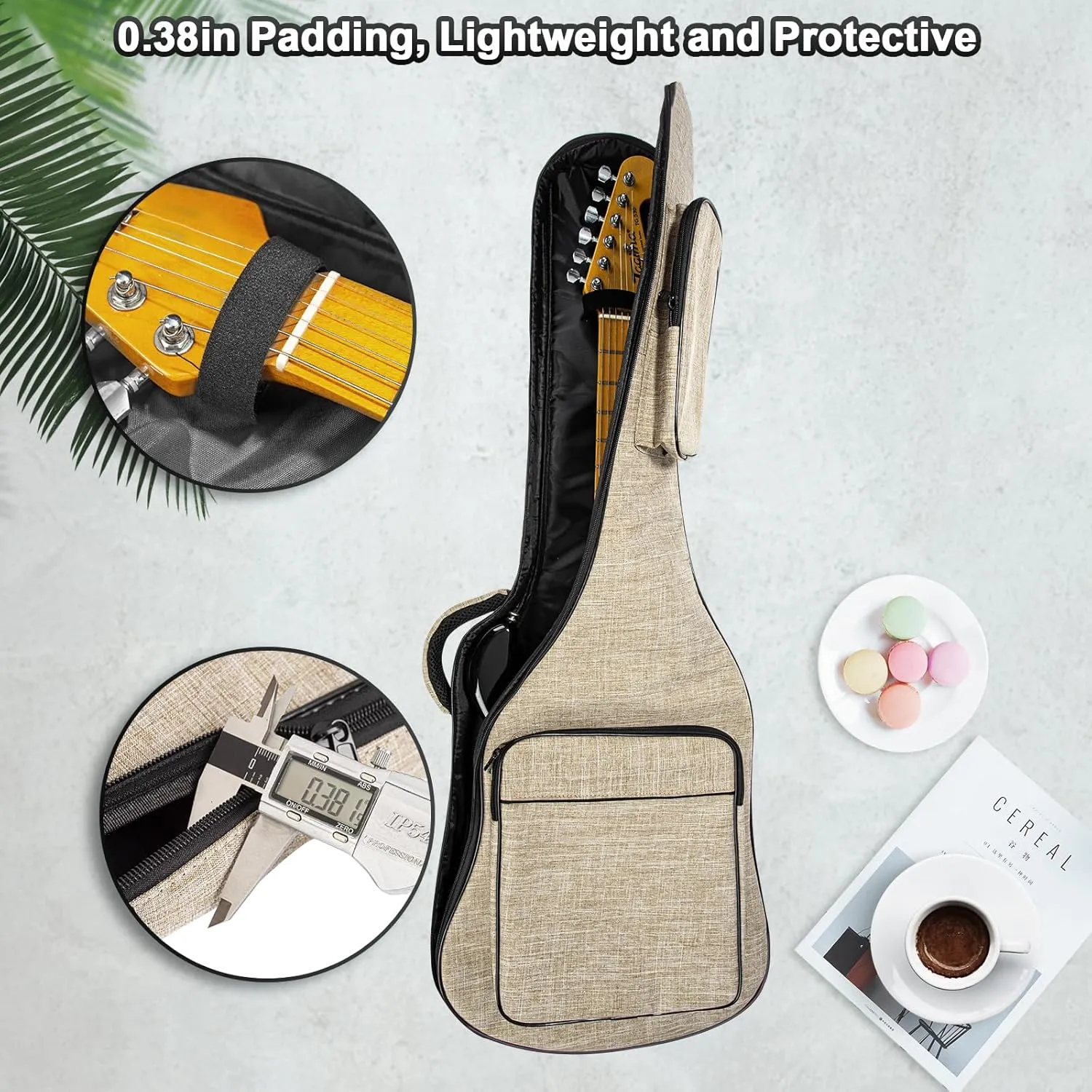 39 Inch Electric Guitar Bag, Electric Guitar Gig Bag 0.38 Inch Thick Padding Backpack Soft Electric Guitar Bag Dual Adjustable Shoulder Strap Pocket & Neck Strap Khaki