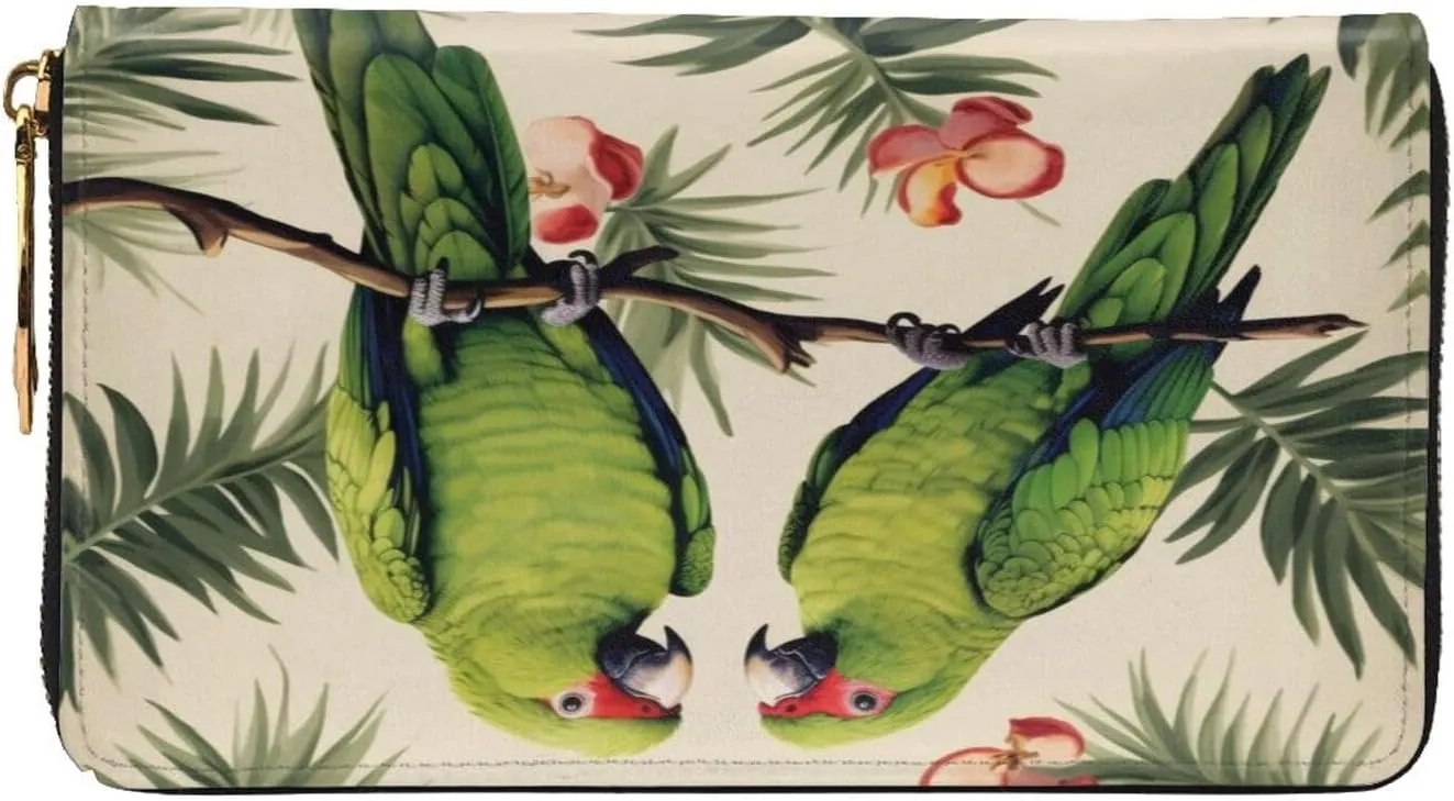 3d Couple Parrots Olive Womens Long Wallet Purse,Pu Leather Clutch Bag With Zip Card Holder Case Credit Coin