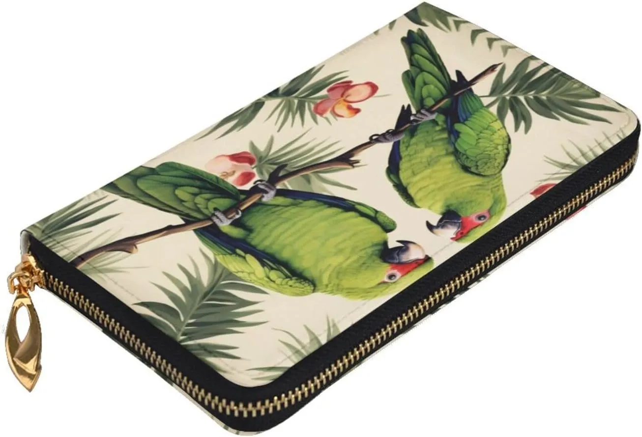 3d Couple Parrots Olive Womens Long Wallet Purse,Pu Leather Clutch Bag With Zip Card Holder Case Credit Coin
