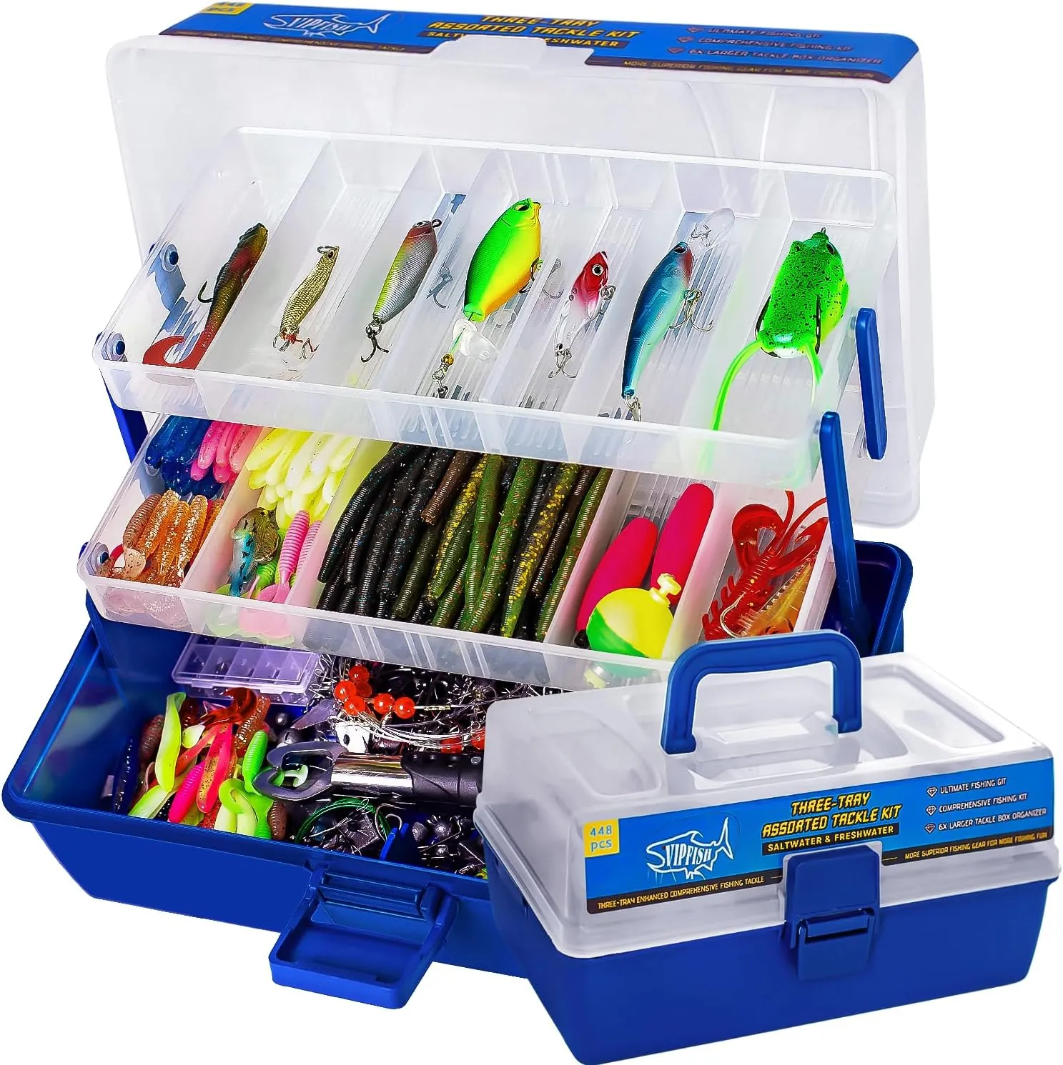 448-Pcs Fishing Lures Kit – Complete 3-Layer Tackle Box Set with Hooks, Weights, Bobbers, Pliers, Rigs, Leaders, Fluorocarbon Line, Accessories & More for Kids Fishing Gear
