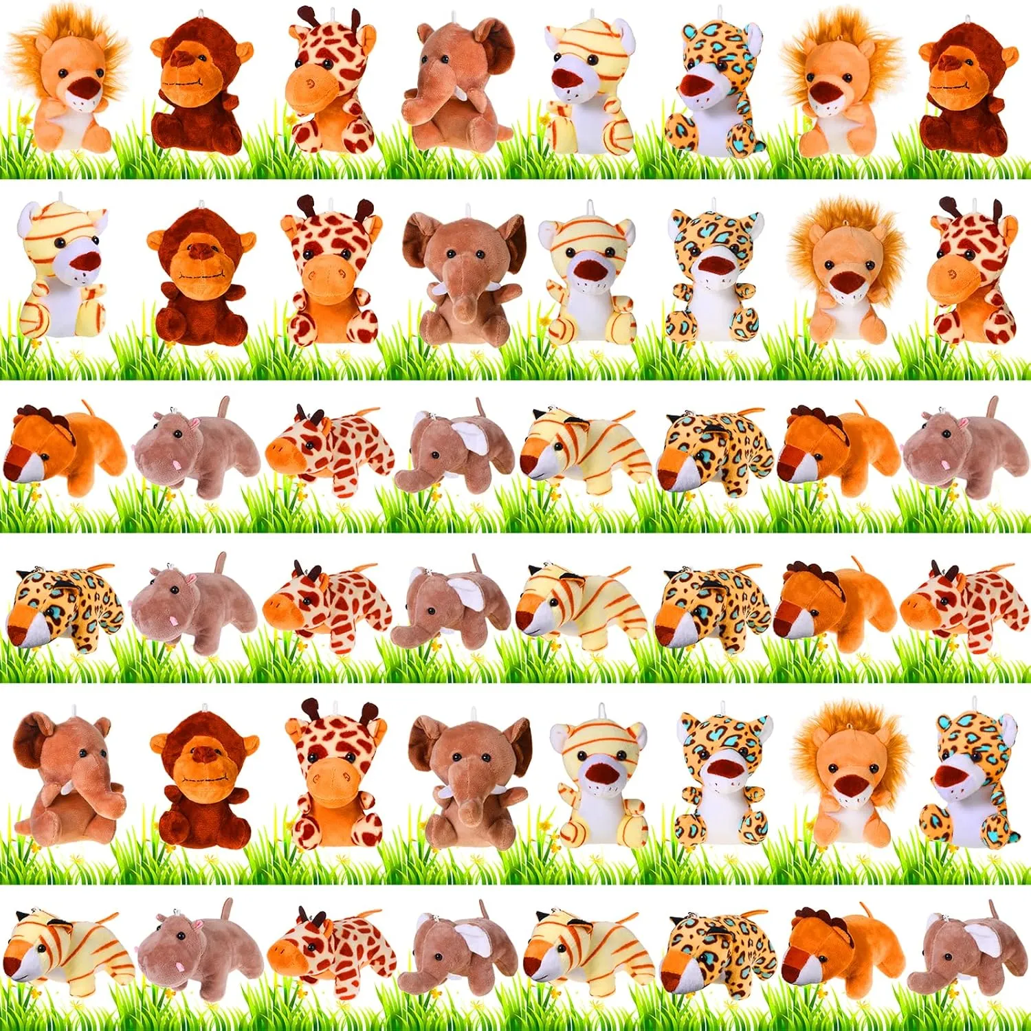 48 Pcs Bulk Mini Jungle Animal Plush Toys Small Stuffed Forest Animals in 4-5.5 Inch Tiny Zoo Animals Toys with Keychains for Safari Animal Themed Parties Teacher Student Award (Sitting, Creeping)