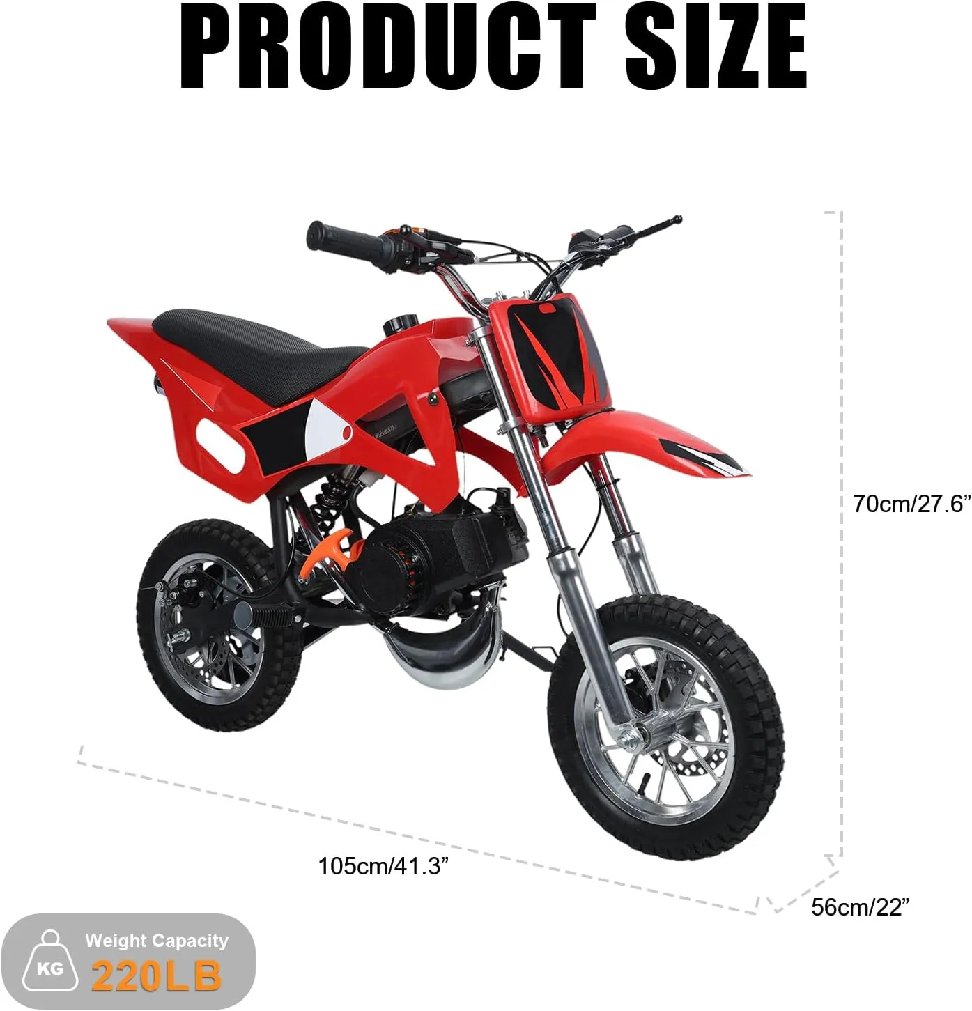 49cc 2-Stroke Kids Dirt Bike, Mini Gas Motorcycle with Off-Road Tires, Suspension, Disc Brakes, Pull Start, Up to 40mph, Supports 100kg, Red (Red)