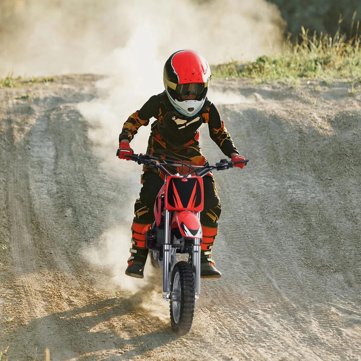 49cc 2-Stroke Kids Dirt Bike, Mini Gas Motorcycle with Off-Road Tires, Suspension, Disc Brakes, Pull Start, Up to 40mph, Supports 100kg, Red (Red)
