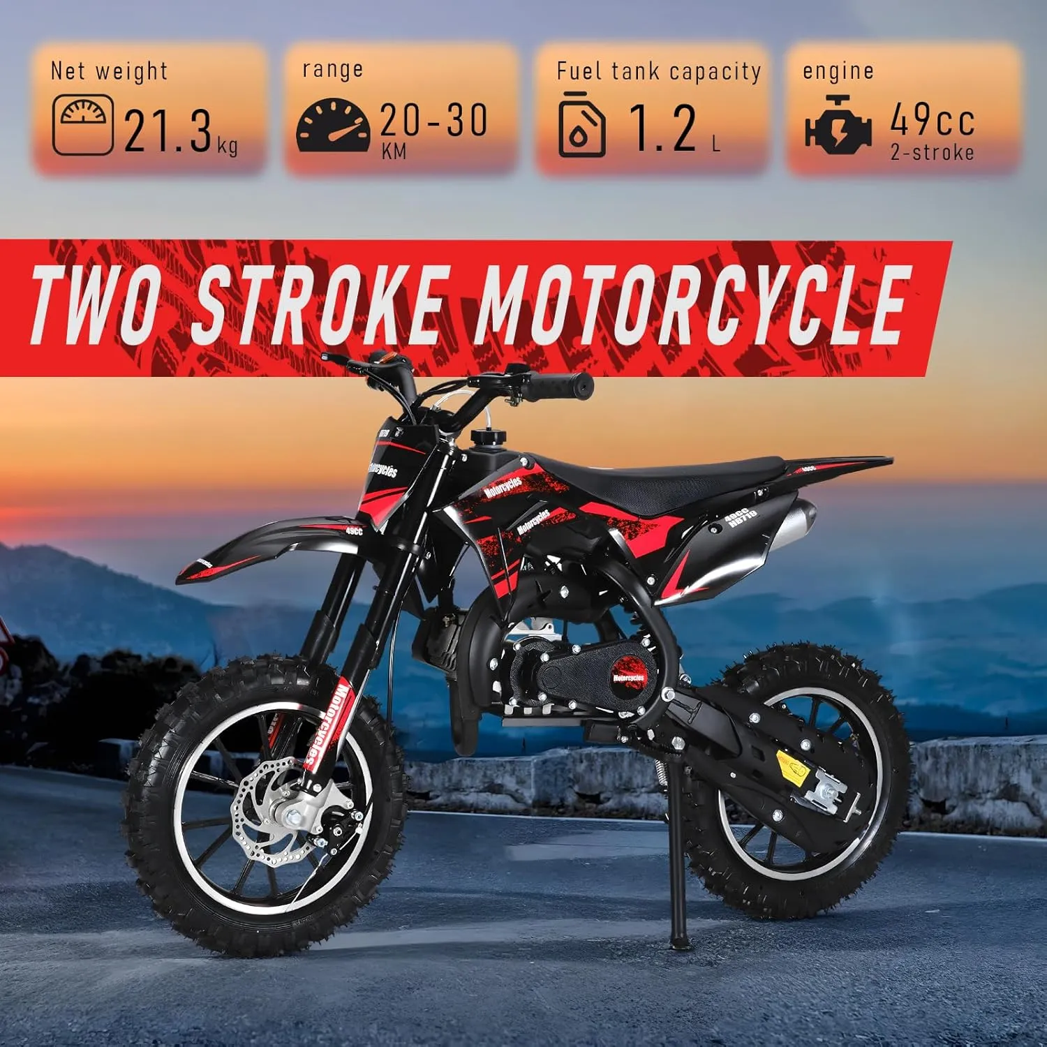 49cc Gas-Powered Kids Dirt Bike, 25mph Max Speed All-Terrain Dirtbike, 330lb Capacity, 10" Off-Road Tires, Hydraulic Shocks & Dual Disc Brakes, Pull-Start