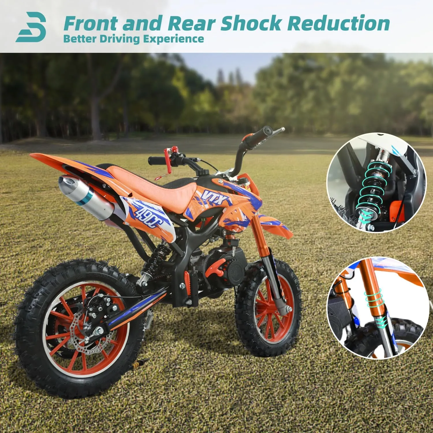 49cc Kids Dirt Bike, 2-Stroke Gas Powered Dirt Bike, Motorcycle with Off-Road Tires, Front/Rear Disc Brakes, Shock Absorption, Soft Seat Cushion, Mini Dirtbike for Kids 8-14, Orange