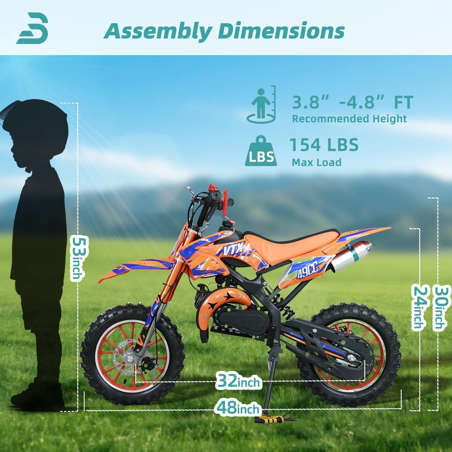 49cc Kids Dirt Bike, 2-Stroke Gas Powered Dirt Bike, Motorcycle with Off-Road Tires, Front/Rear Disc Brakes, Shock Absorption, Soft Seat Cushion, Mini Dirtbike for Kids 8-14, Orange