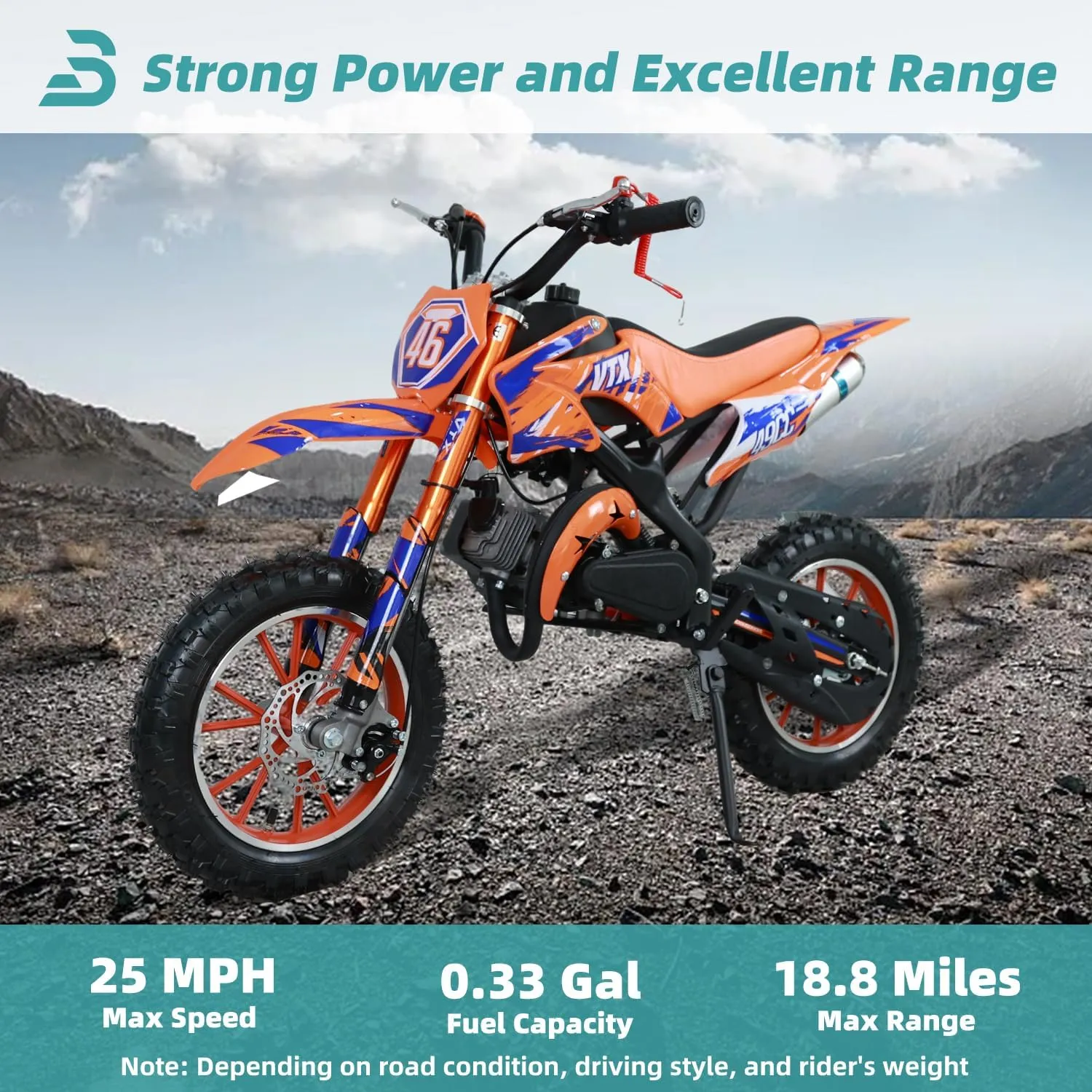 49cc Kids Dirt Bike, 2-Stroke Gas Powered Dirt Bike, Motorcycle with Off-Road Tires, Front/Rear Disc Brakes, Shock Absorption, Soft Seat Cushion, Mini Dirtbike for Kids 8-14, Orange