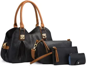4pcs Women Retro Top-handle Handbag Set Tote Purse Faux Leather Shoulder Bag Clutch Card Holder