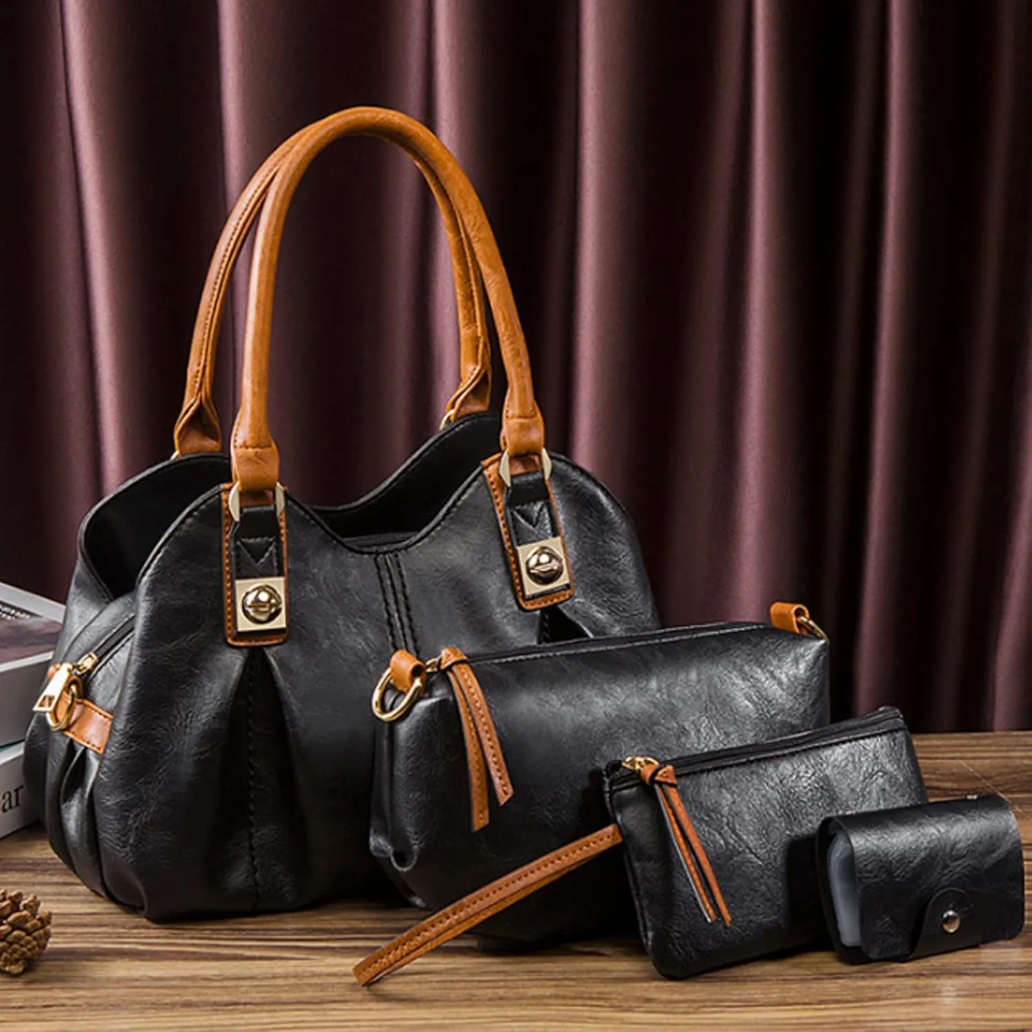 4pcs Women Retro Top-handle Handbag Set Tote Purse Faux Leather Shoulder Bag Clutch Card Holder