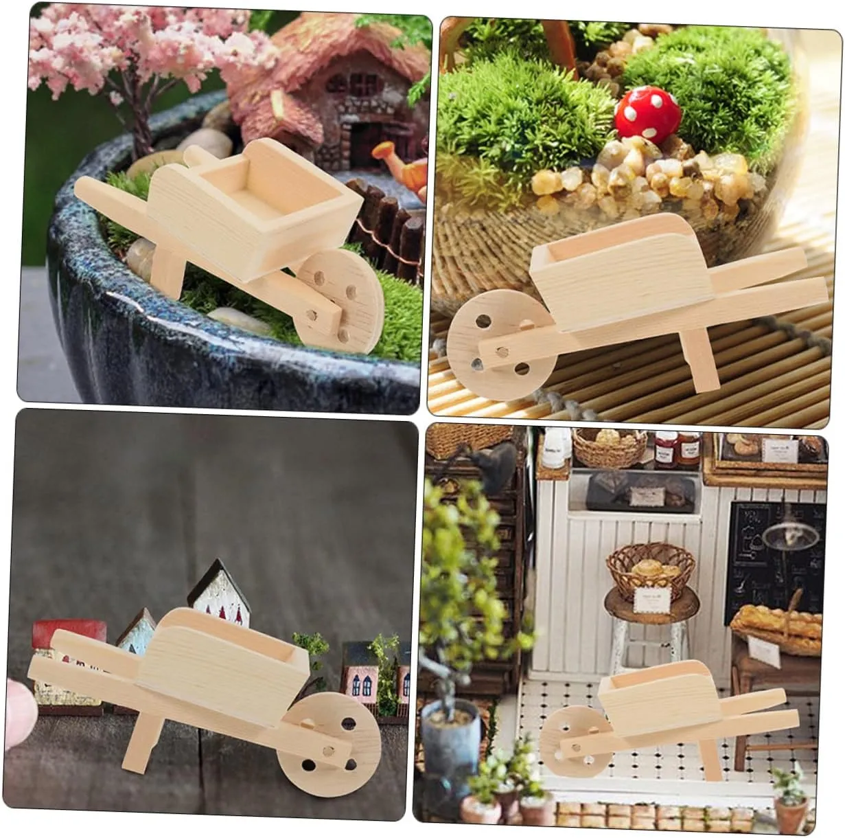 4sets Doll House Miniature Wooden Wheelbarrow Mini Garden Decor Wagon Realistic Design 2pcs*4