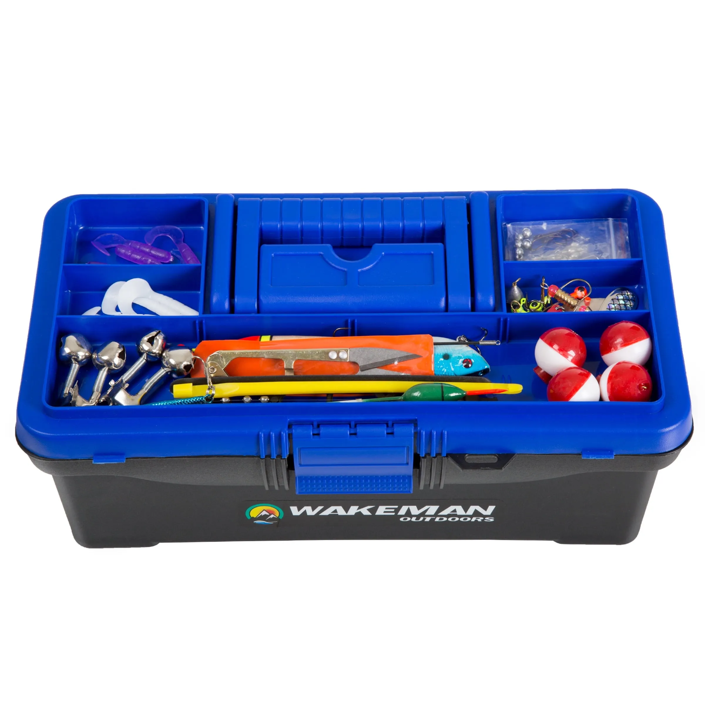 55-Piece Fishing Tackle Set – Tackle Box Includes Sinkers, Hooks, Lures, Bobbers, Swivels, Fishing Line, and More – Fishing Gear by Wakeman (Blue)