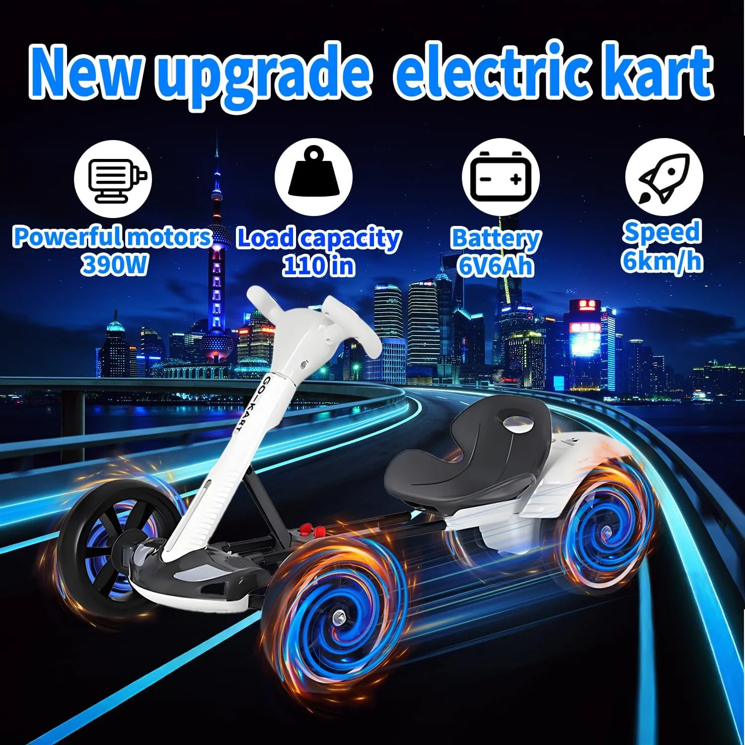 6V Electric Go Kart for Kids Boys Girls, Foldable Go Kart with Reversing Model & Adjustable Seat, Ride On Racing Kart with Music, Lights, Horn Kids Electric Vehicles,White,Lengthen