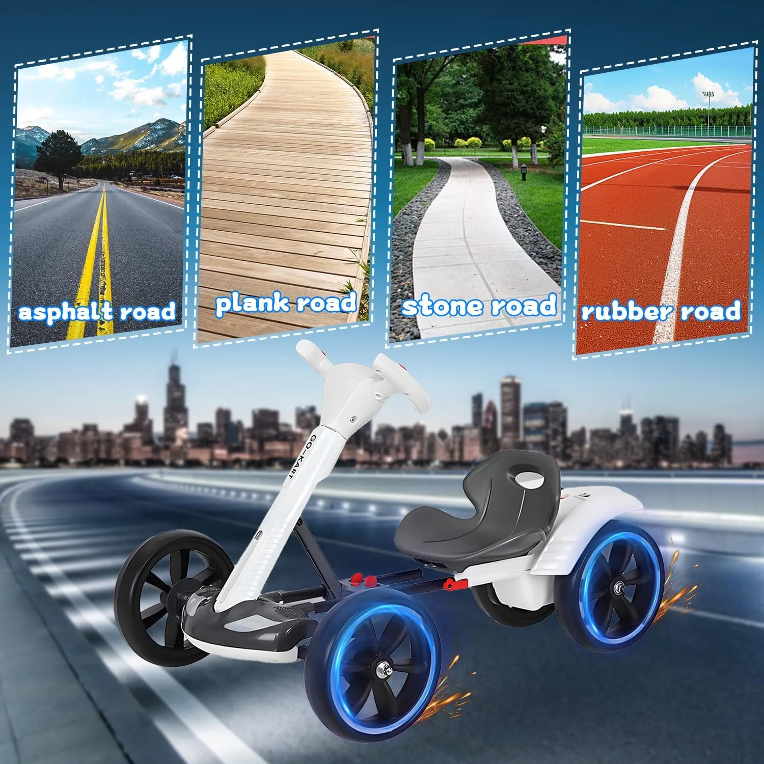 6V Electric Go Kart for Kids Boys Girls, Foldable Go Kart with Reversing Model & Adjustable Seat, Ride On Racing Kart with Music, Lights, Horn Kids Electric Vehicles,White,Lengthen