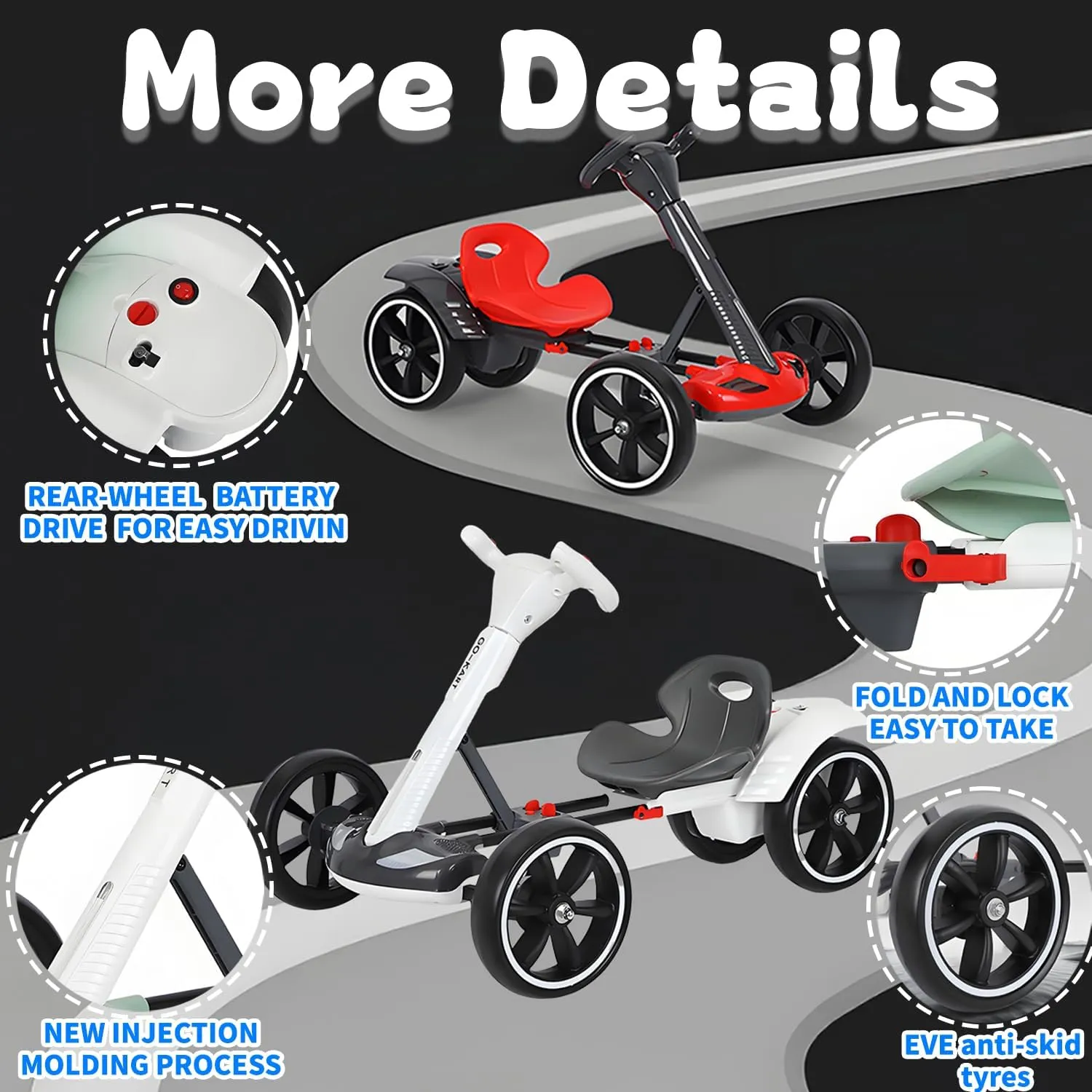 6V Electric Go Kart for Kids Boys Girls, Foldable Go Kart with Reversing Model & Adjustable Seat, Ride On Racing Kart with Music, Lights, Horn Kids Electric Vehicles,White,Lengthen