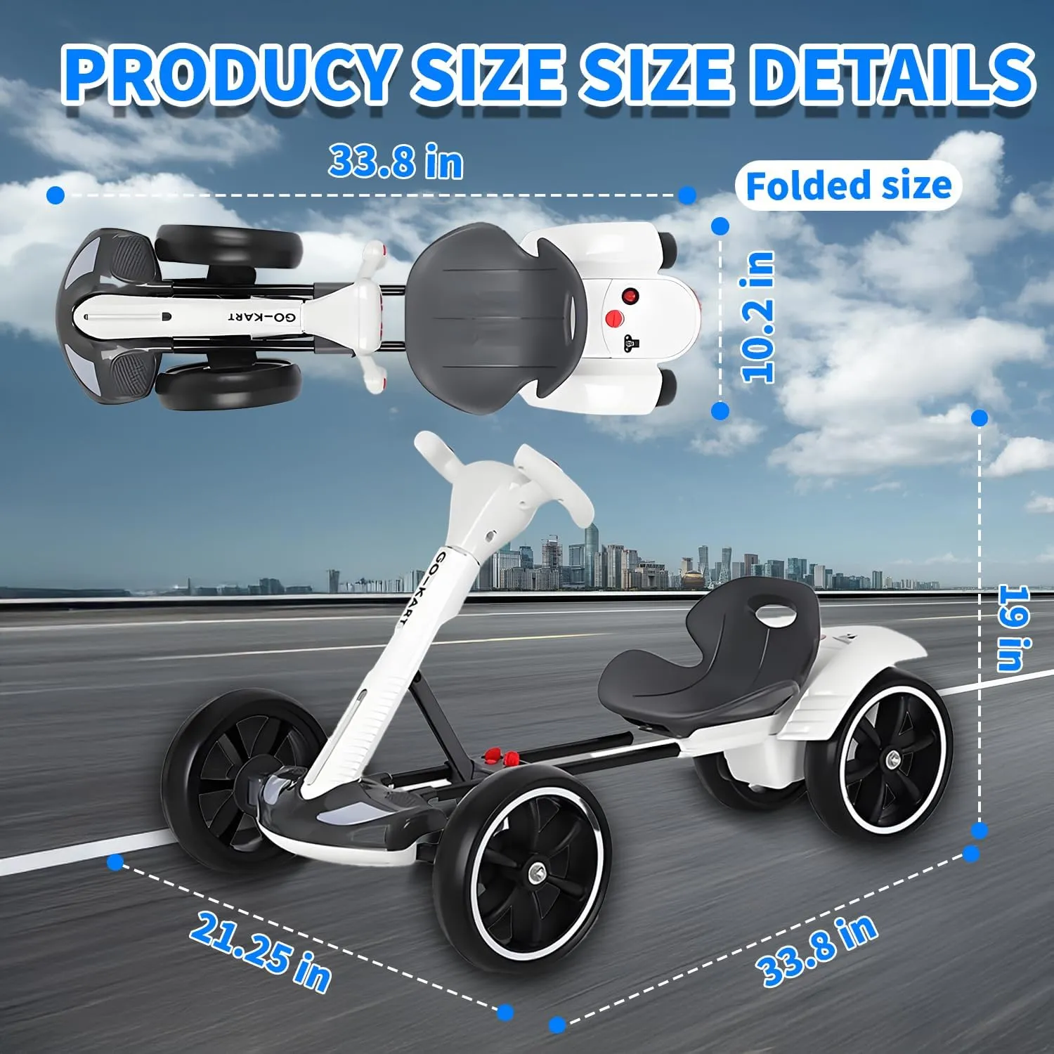 6V Electric Go Kart for Kids Boys Girls, Foldable Go Kart with Reversing Model & Adjustable Seat, Ride On Racing Kart with Music, Lights, Horn Kids Electric Vehicles,White,Lengthen