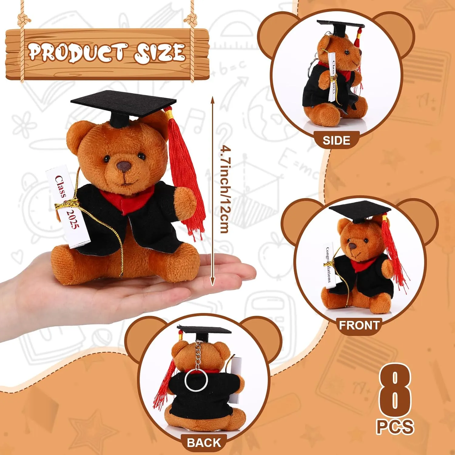 8 Pcs Mini Graduation Bear Stuffed Animals 4.7 Inch Tiny Plush Bear with Diploma and Hat for 2025 Graduation DIY Present Graduation Ceremony Party Decor Congratulation Gifts(Black Cap)