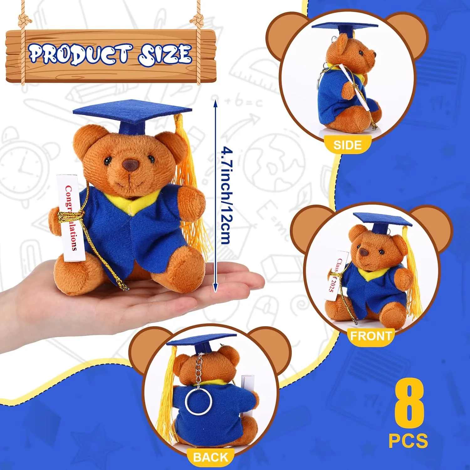 8 Pcs Mini Graduation Bear Stuffed Animals 4.7 Inch Tiny Plush Bear with Diploma and Hat for 2025 Graduation DIY Present Graduation Ceremony Party Decor Congratulation Gifts(Blue Cap)