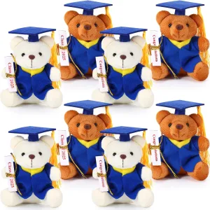8 Pcs Mini Graduation Bear Stuffed Animals 4.7 Inch Tiny Plush Bear with Diploma and Hat for 2025 Graduation DIY Present Graduation Ceremony Party Decor Congratulation Gifts(Blue Cap)