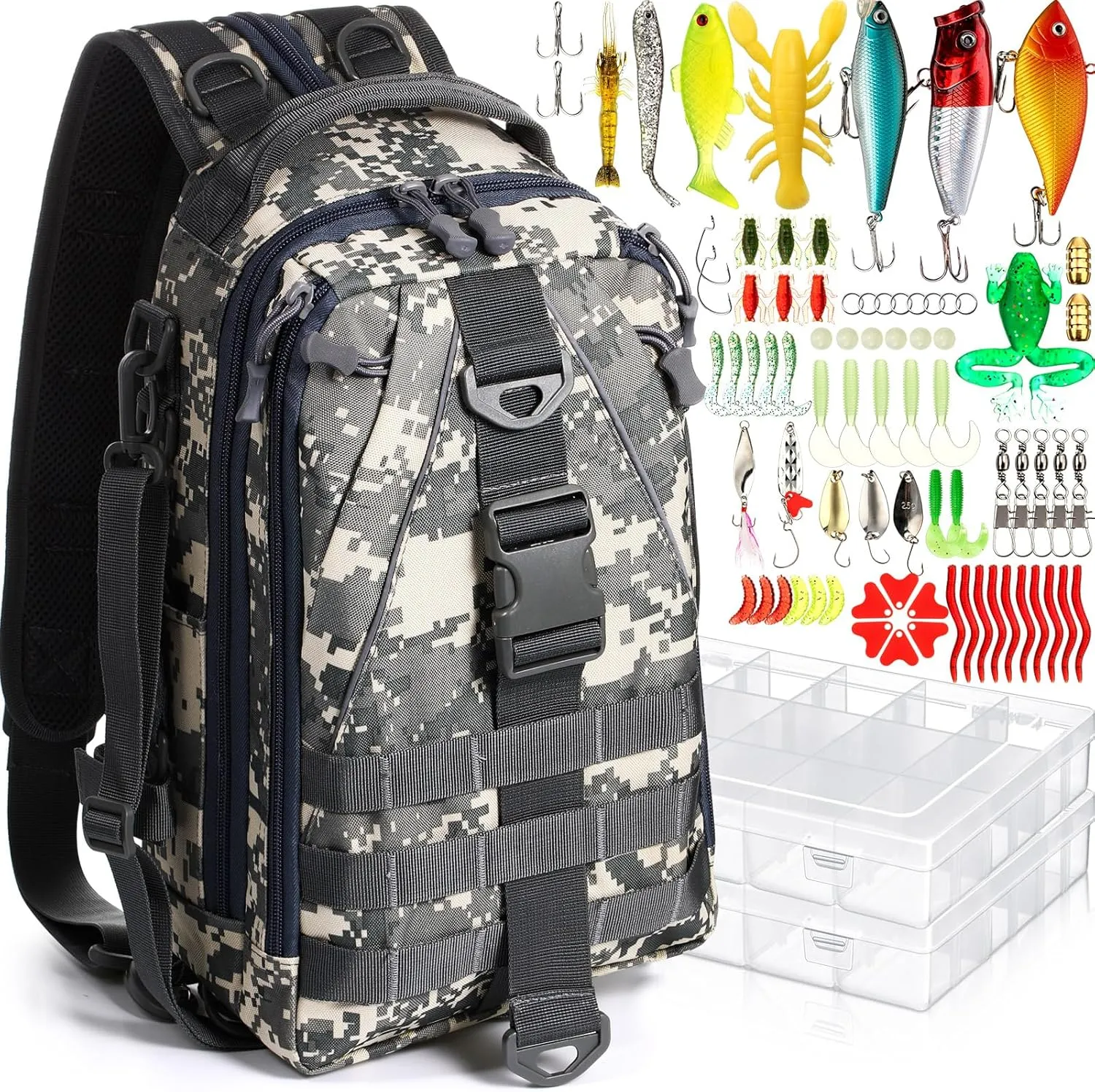 85 Pcs Fishing Backpack with Tackle Boxes, Tackle Sling Bag with Rod Holder, Fishing Lures Kit and Pliers Set for Men Women