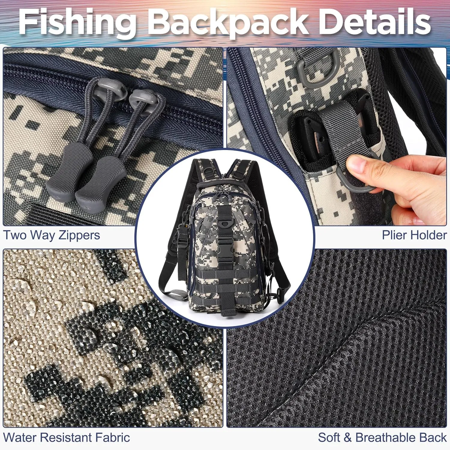 85 Pcs Fishing Backpack with Tackle Boxes, Tackle Sling Bag with Rod Holder, Fishing Lures Kit and Pliers Set for Men Women