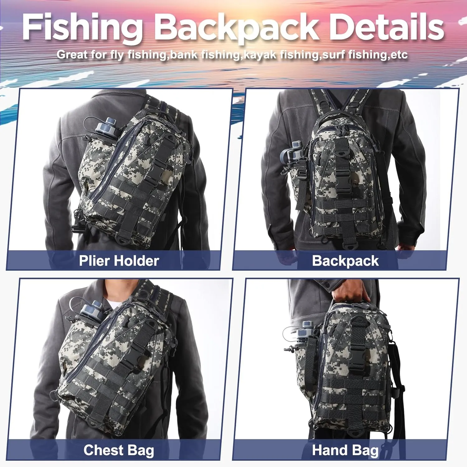 85 Pcs Fishing Backpack with Tackle Boxes, Tackle Sling Bag with Rod Holder, Fishing Lures Kit and Pliers Set for Men Women