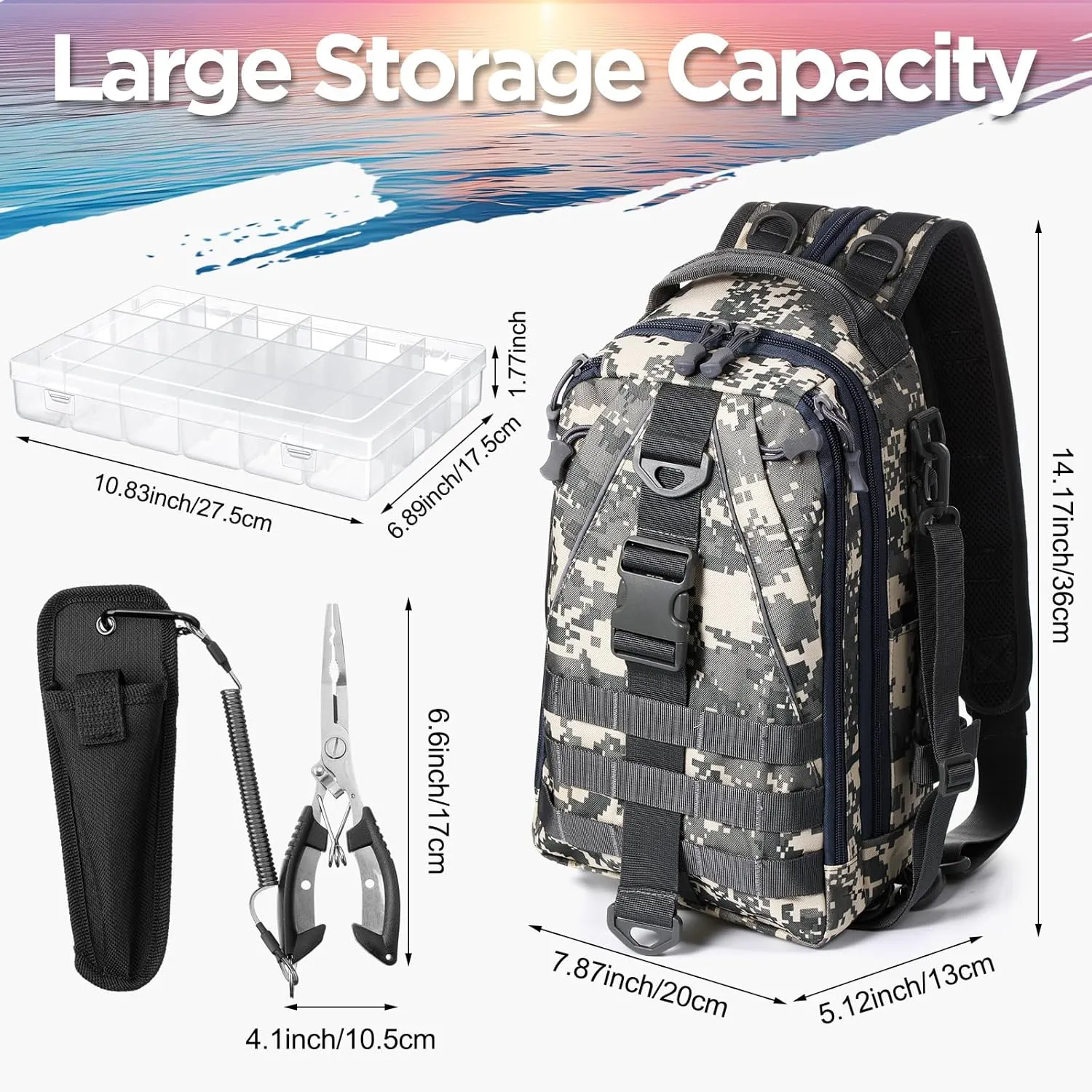 85 Pcs Fishing Backpack with Tackle Boxes, Tackle Sling Bag with Rod Holder, Fishing Lures Kit and Pliers Set for Men Women