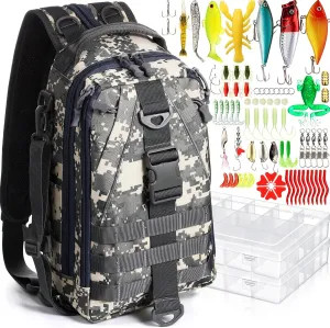 85 Pcs Fishing Backpack with Tackle Boxes, Tackle Sling Bag with Rod Holder, Fishing Lures Kit and Pliers Set for Men Women