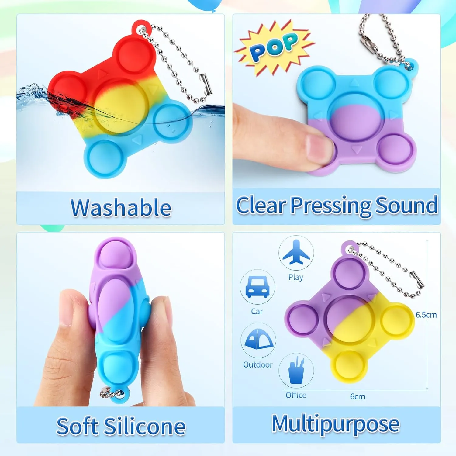 96 PCS Big Pop Fidget Toys Pack Party Favors, Silicone Squeeze Pop Bubble Fidget Bulk Sensory Toys, Pop Keychain Bubble Toy Party Bag Fillers for Kids, Wrap Pop Toy