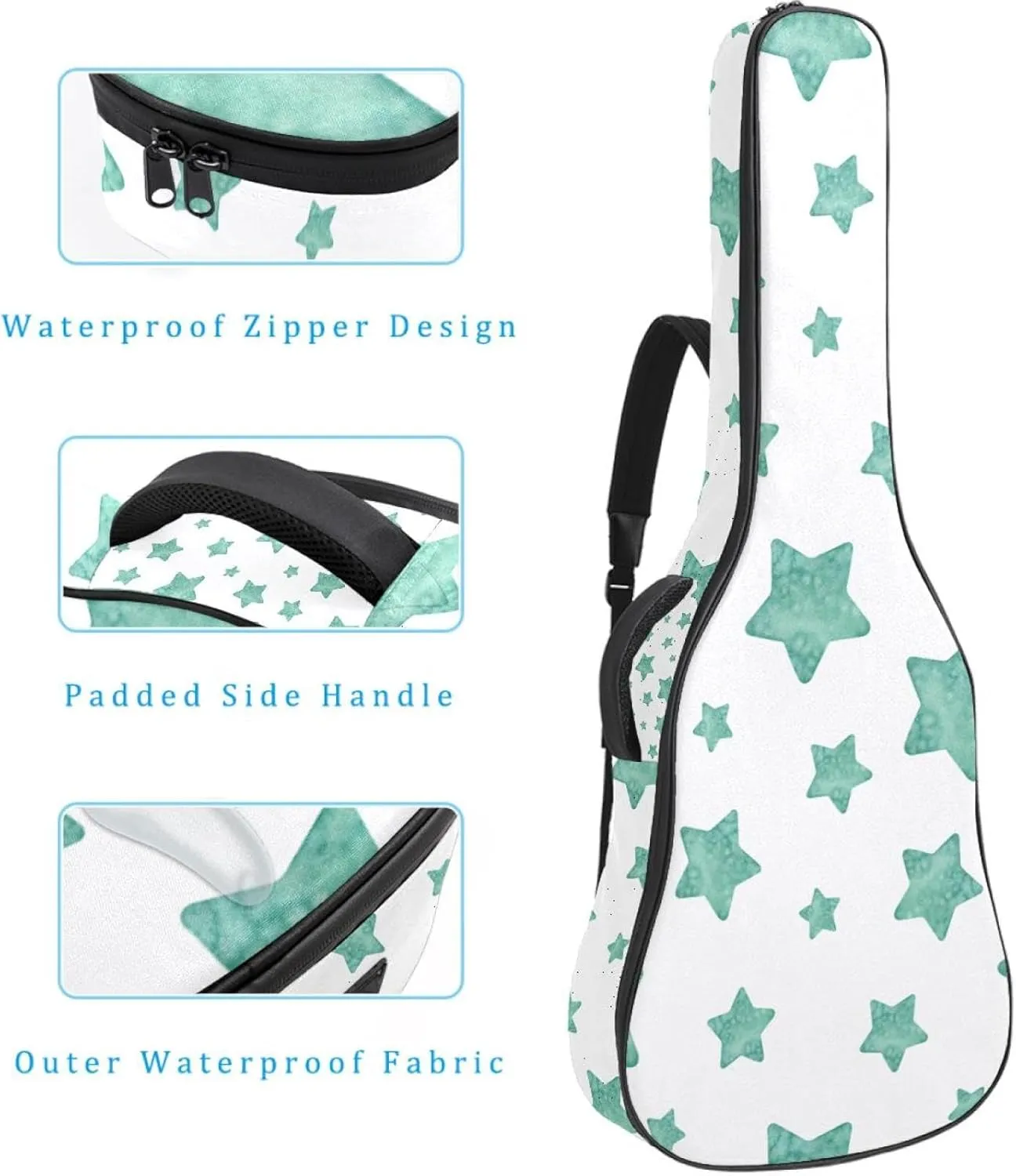 Acoustic 40/41/42 Inch Light Green Stars Large Capacity Guitar Gig Bag 0.4Inch Extra Thick Sponge Overly Padded, with Two Storage Pockets, Waterproof Guitar Case