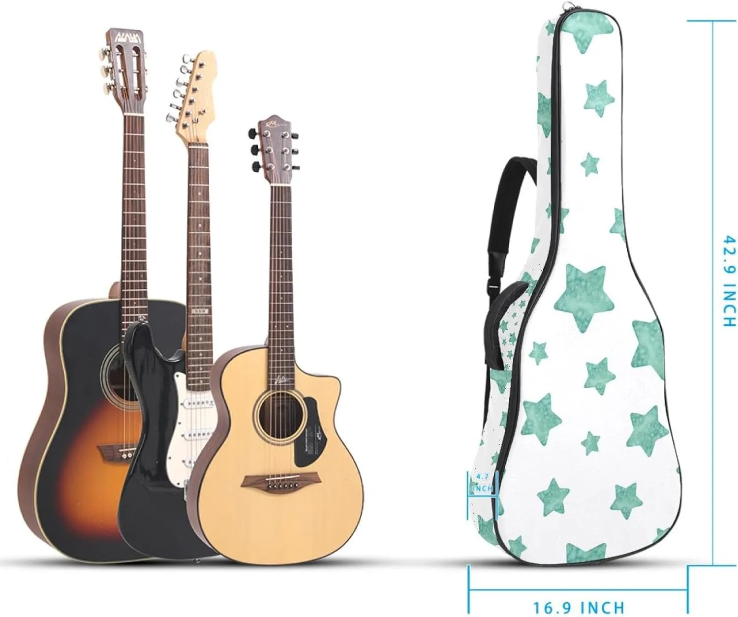 Acoustic 40/41/42 Inch Light Green Stars Large Capacity Guitar Gig Bag 0.4Inch Extra Thick Sponge Overly Padded, with Two Storage Pockets, Waterproof Guitar Case