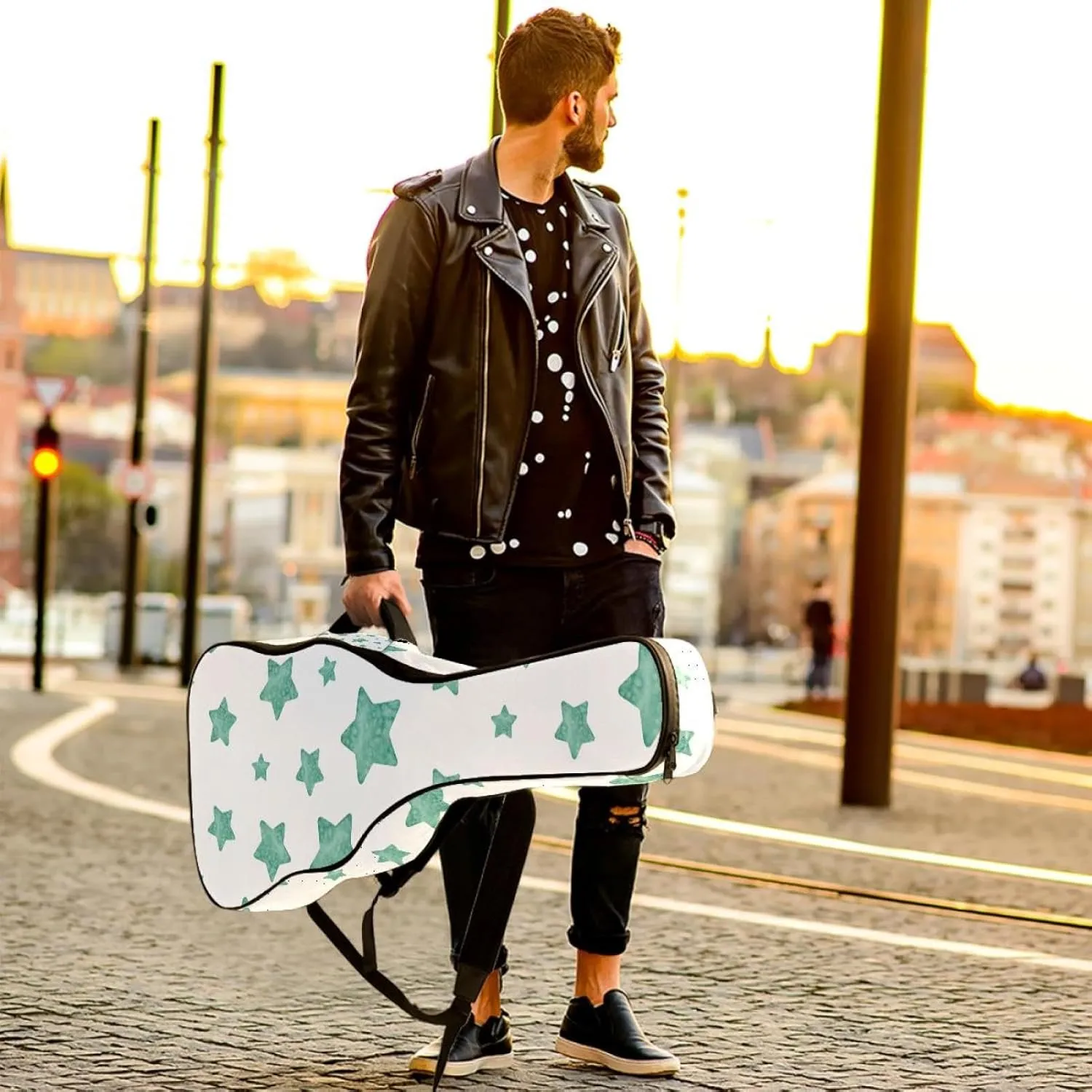 Acoustic 40/41/42 Inch Light Green Stars Large Capacity Guitar Gig Bag 0.4Inch Extra Thick Sponge Overly Padded, with Two Storage Pockets, Waterproof Guitar Case