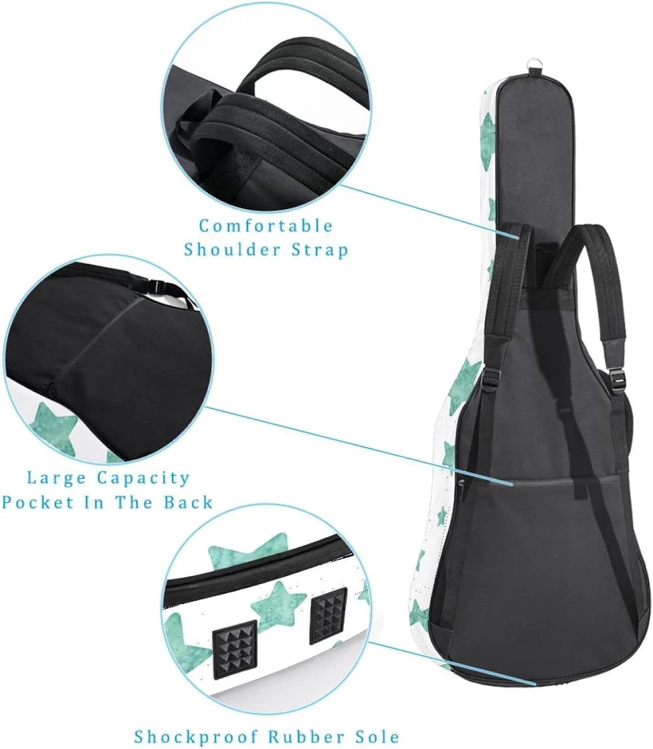 Acoustic 40/41/42 Inch Light Green Stars Large Capacity Guitar Gig Bag 0.4Inch Extra Thick Sponge Overly Padded, with Two Storage Pockets, Waterproof Guitar Case