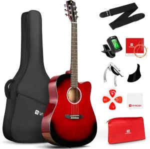 Acoustic Guitar, Cutaway Acoustic Guitar Full Size Dreadnought Acustica Guitarra Bundle with Gig Bag for Adults Teens Beginners Professionals, Red by Vangoa…