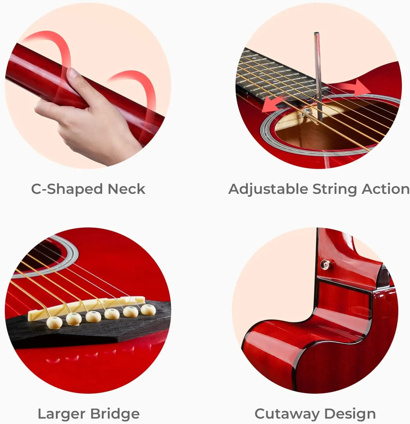 Acoustic Guitar, Cutaway Acoustic Guitar Full Size Dreadnought Acustica Guitarra Bundle with Gig Bag for Adults Teens Beginners Professionals, Red by Vangoa…