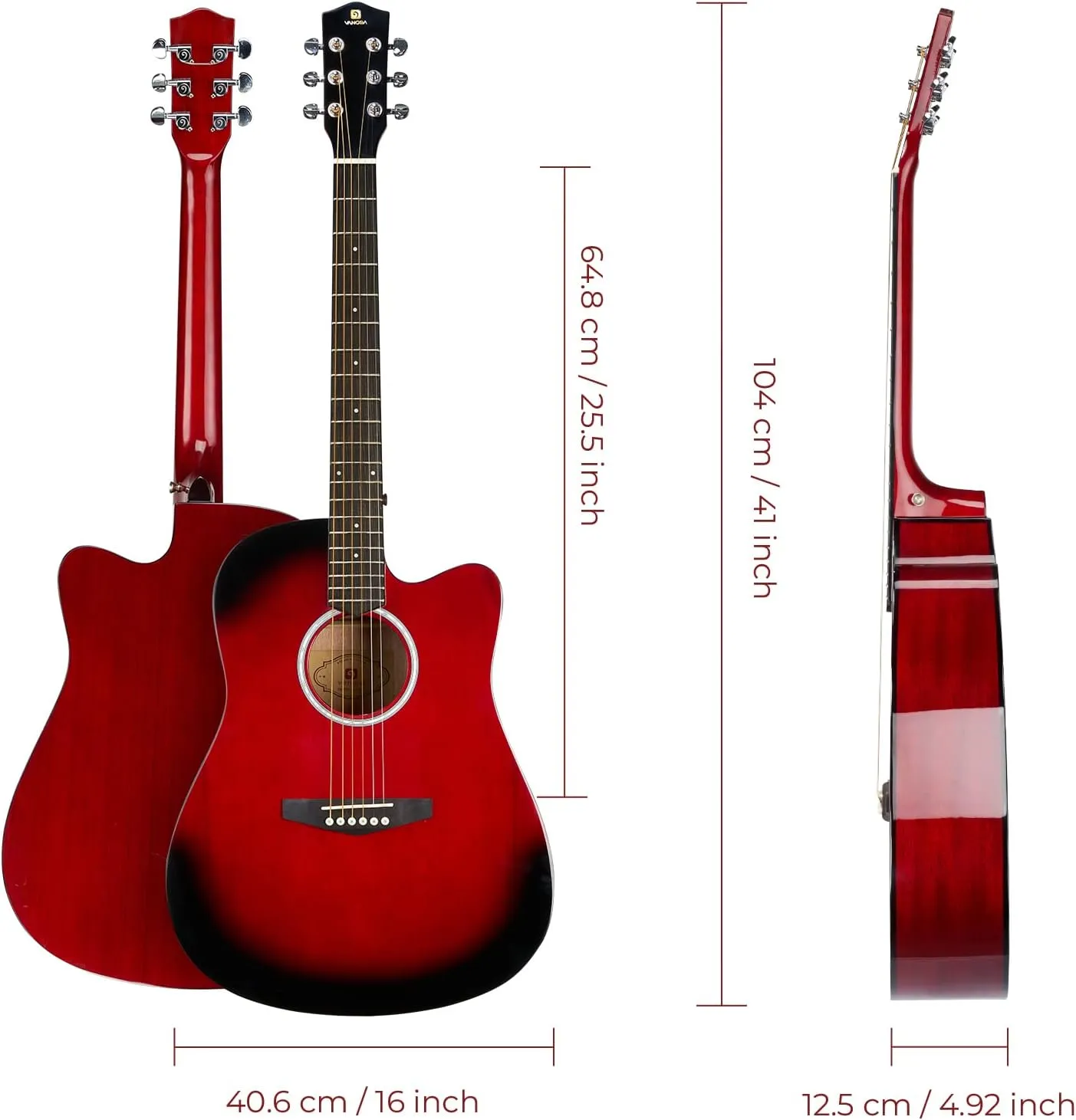 Acoustic Guitar, Cutaway Acoustic Guitar Full Size Dreadnought Acustica Guitarra Bundle with Gig Bag for Adults Teens Beginners Professionals, Red by Vangoa…