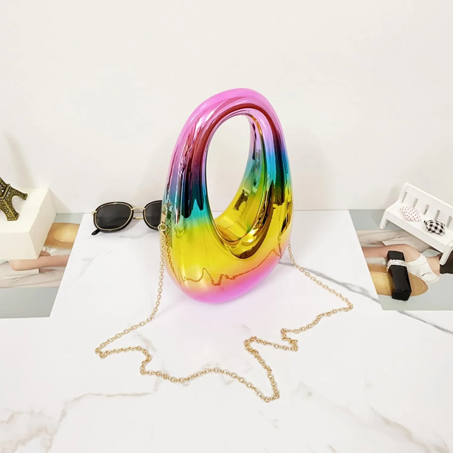 Acrylic Moon Shape Evening Clutch Purse For Women Metal Chains Unique Shoulder Bag Handbag For Wedding Party Prom (Rainbow colors,Female,Adult)