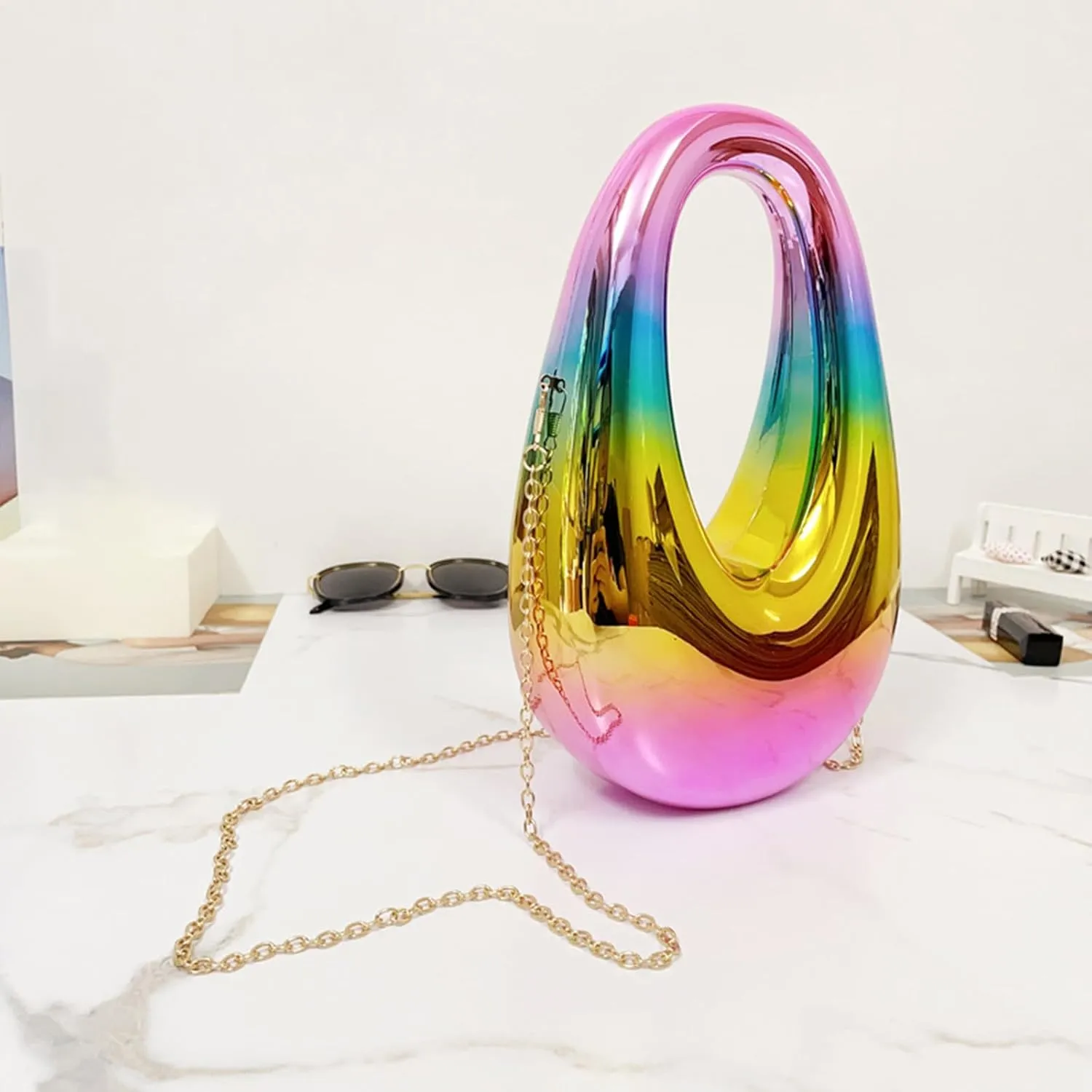 Acrylic Moon Shape Evening Clutch Purse For Women Metal Chains Unique Shoulder Bag Handbag For Wedding Party Prom (Rainbow colors,Female,Adult)