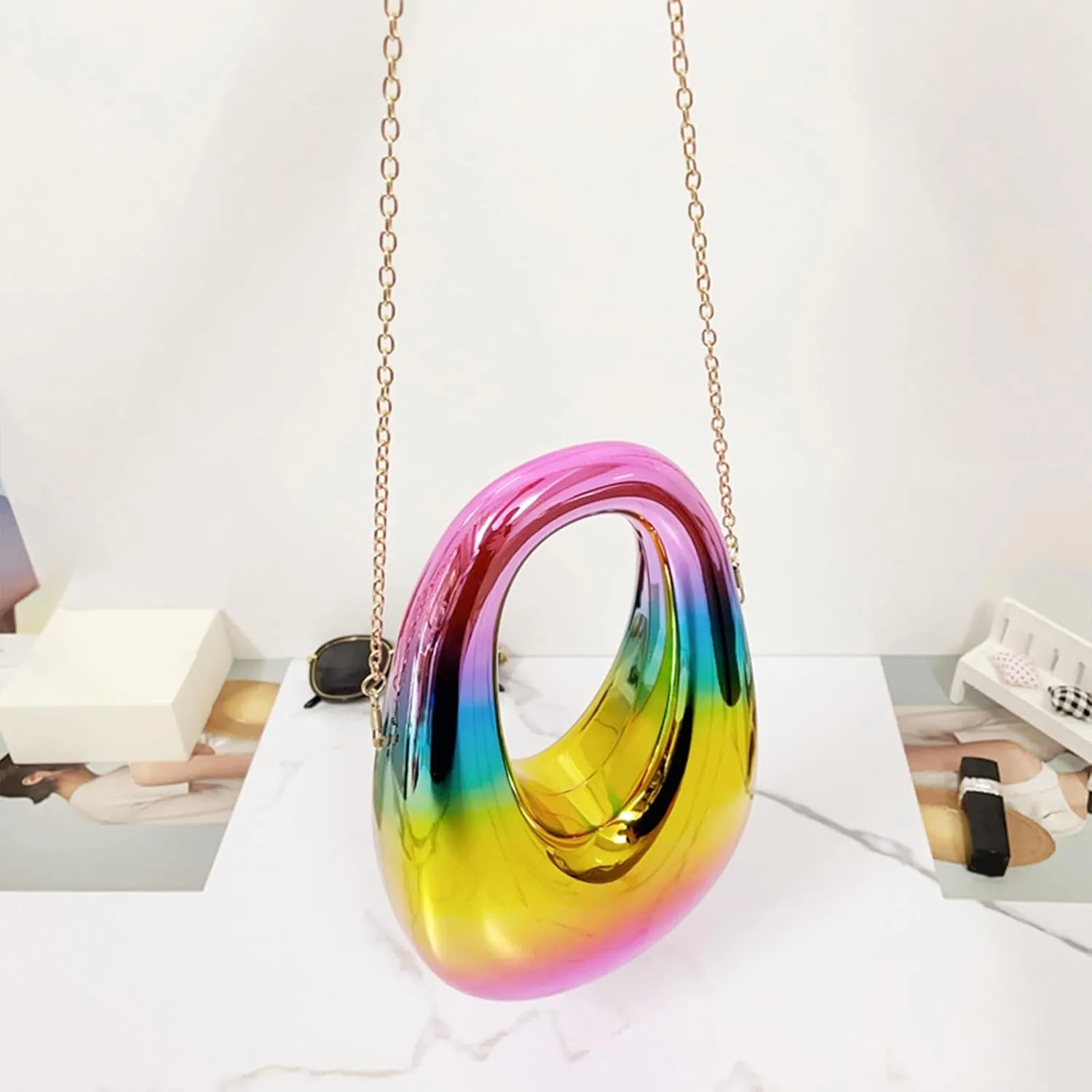 Acrylic Moon Shape Evening Clutch Purse For Women Metal Chains Unique Shoulder Bag Handbag For Wedding Party Prom (Rainbow colors,Female,Adult)