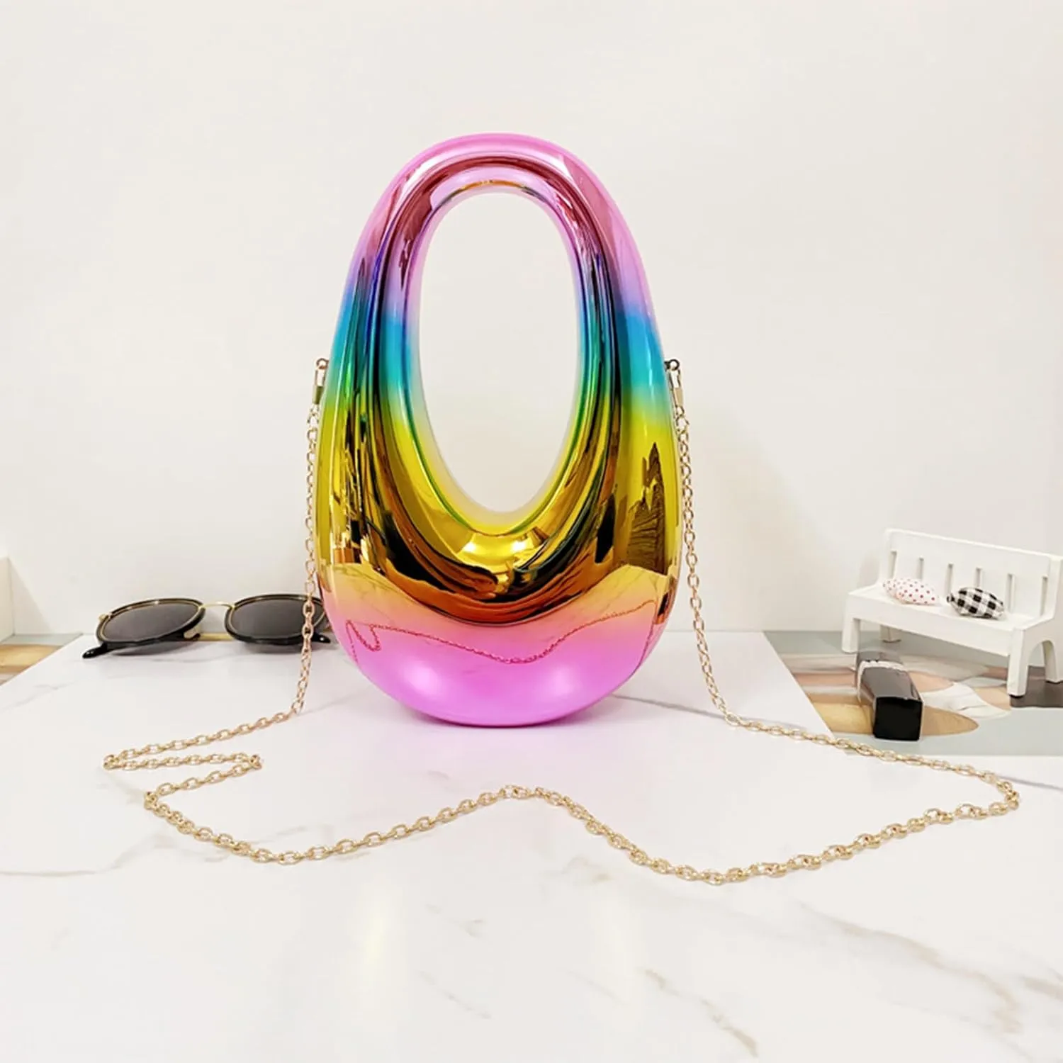 Acrylic Moon Shape Evening Clutch Purse For Women Metal Chains Unique Shoulder Bag Handbag For Wedding Party Prom (Rainbow colors,Female,Adult)
