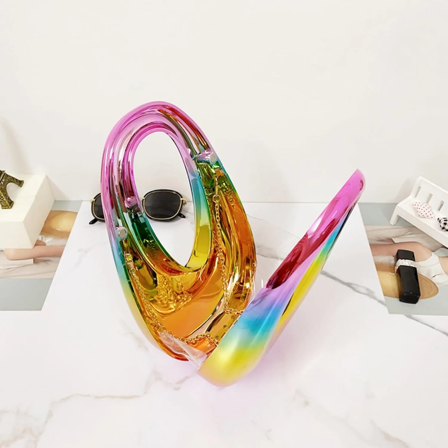 Acrylic Moon Shape Evening Clutch Purse For Women Metal Chains Unique Shoulder Bag Handbag For Wedding Party Prom (Rainbow colors,Female,Adult)