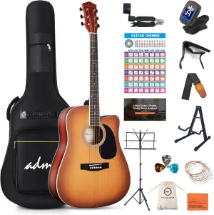 ADM Beginner Acoustic Guitar, Kids Students Cutaway Guitar Bundle Free Lessons with Gig Bag, Tuner, Strap, Picks, Extra Strings etc (Brown-Cutaway, 41 Inch)