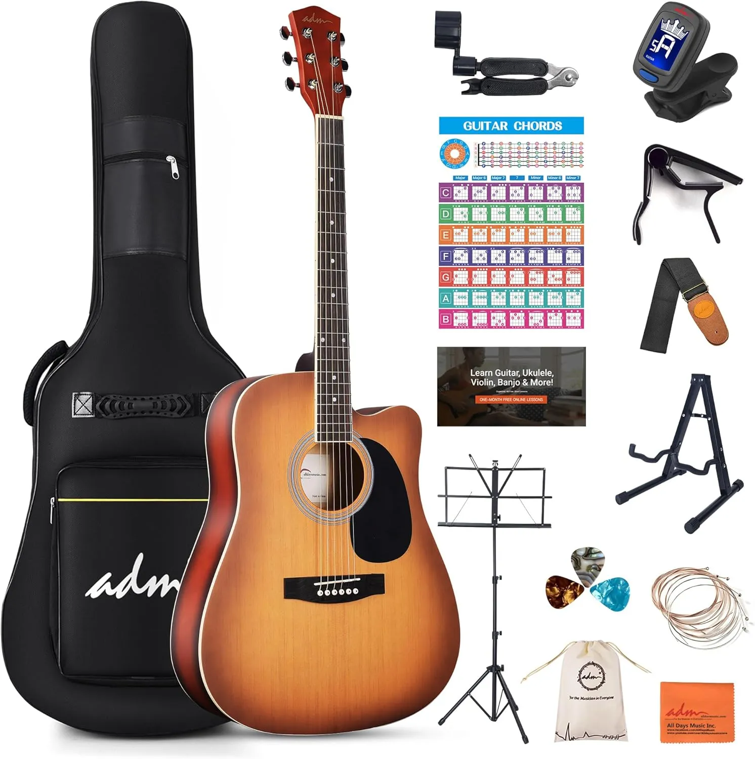 ADM Beginner Acoustic Guitar, Kids Students Cutaway Guitar Bundle Free Lessons with Gig Bag, Tuner, Strap, Picks, Extra Strings etc (Brown-Cutaway, 41 Inch)