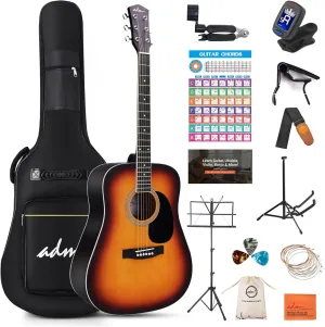 ADM Dreadnought Acoustic Guitar Kit with Free Lesson for Beginner Adult Teen Full Size Acustica Guitarra Starter Bundle Set w/Bag Strap Tuner Capo Pickguard Music Stand Right Hand(Sunburst, 41 Inch)