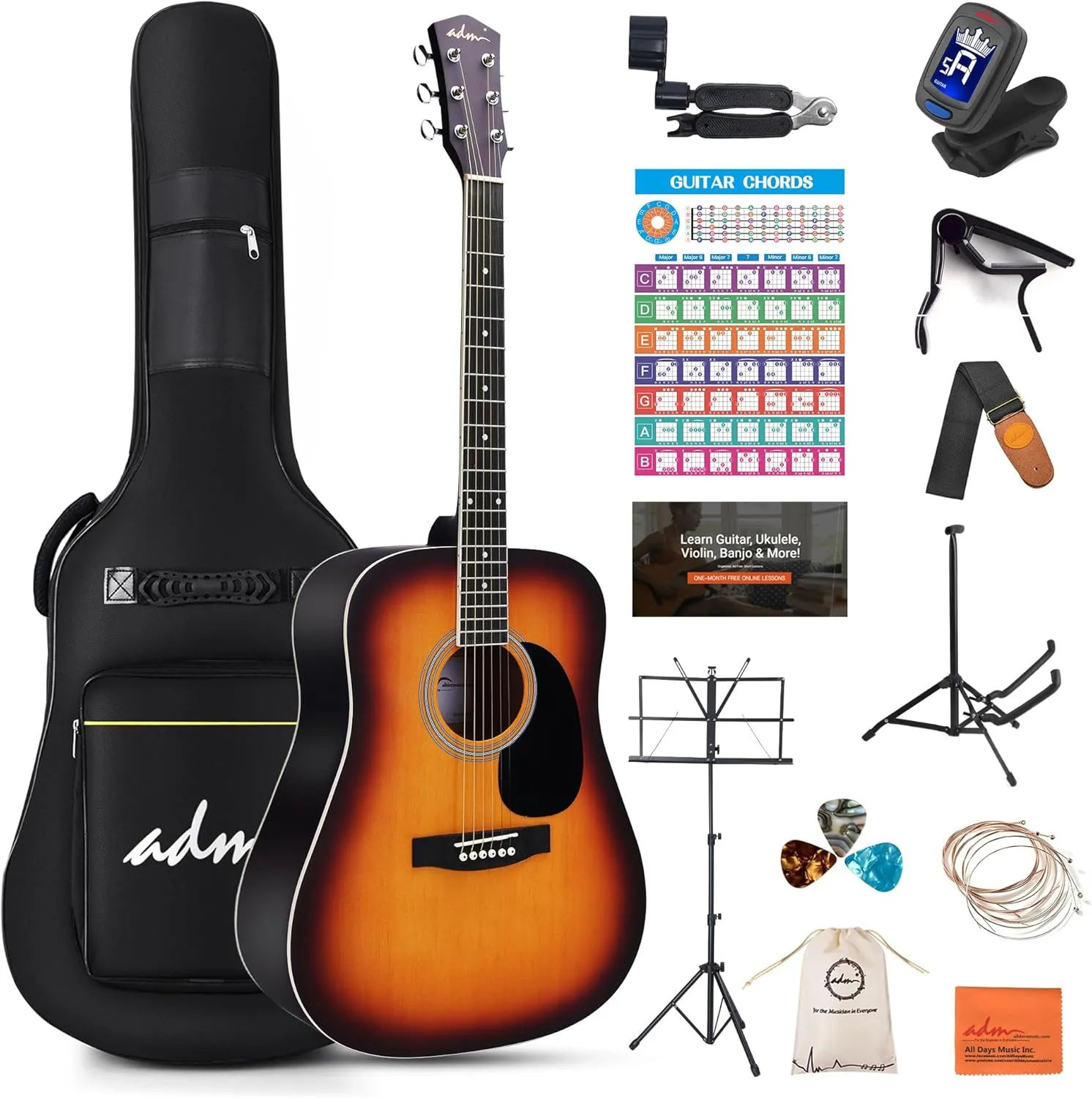 ADM Dreadnought Acoustic Guitar Kit with Free Lesson for Beginner Adult Teen Full Size Acustica Guitarra Starter Bundle Set w/Bag Strap Tuner Capo Pickguard Music Stand Right Hand(Sunburst, 41 Inch)