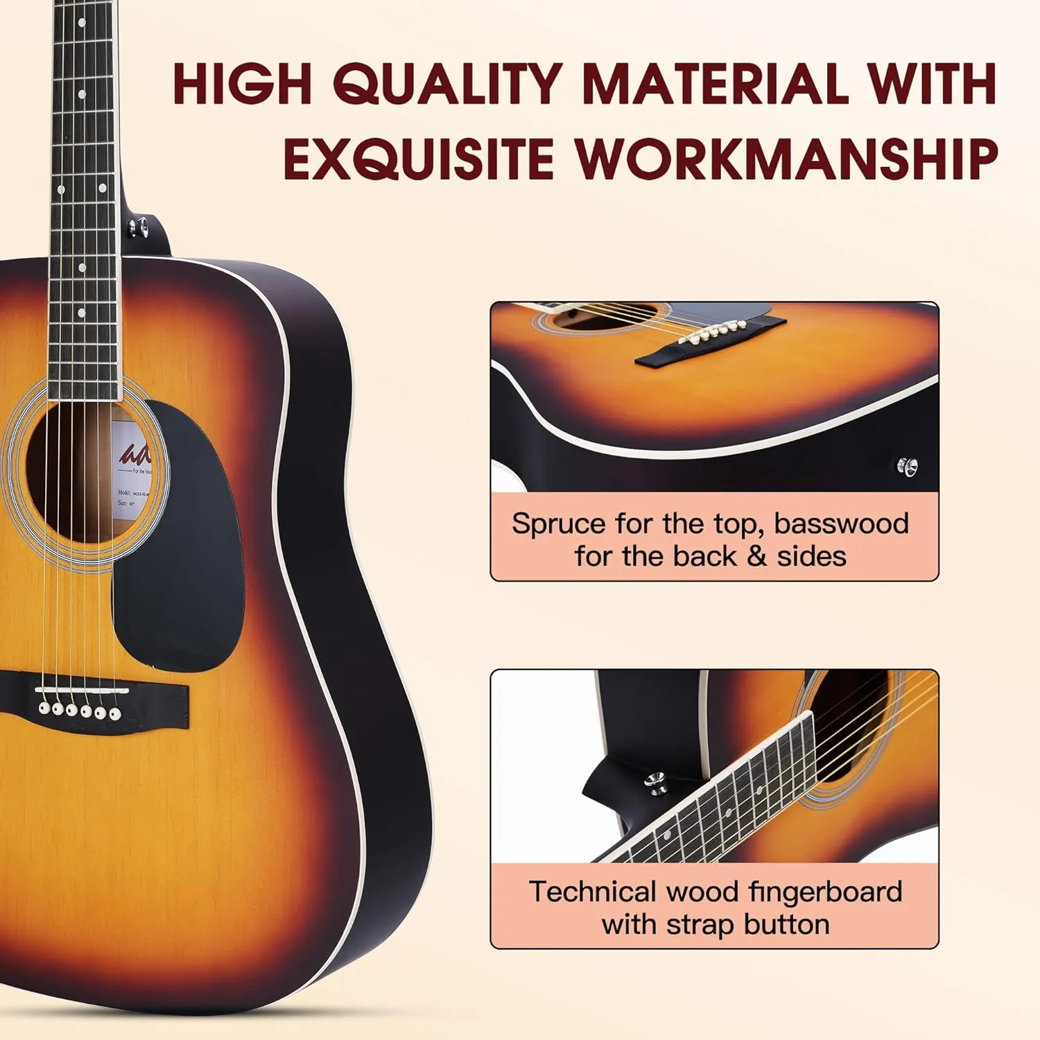 ADM Dreadnought Acoustic Guitar Kit with Free Lesson for Beginner Adult Teen Full Size Acustica Guitarra Starter Bundle Set w/Bag Strap Tuner Capo Pickguard Music Stand Right Hand(Sunburst, 41 Inch)