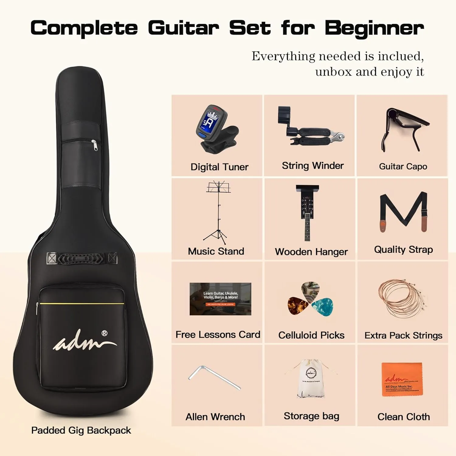 ADM Dreadnought Acoustic Guitar Kit with Free Lesson for Beginner Adult Teen Full Size Acustica Guitarra Starter Bundle Set w/Bag Strap Tuner Capo Pickguard Music Stand Right Hand(Sunburst, 41 Inch)