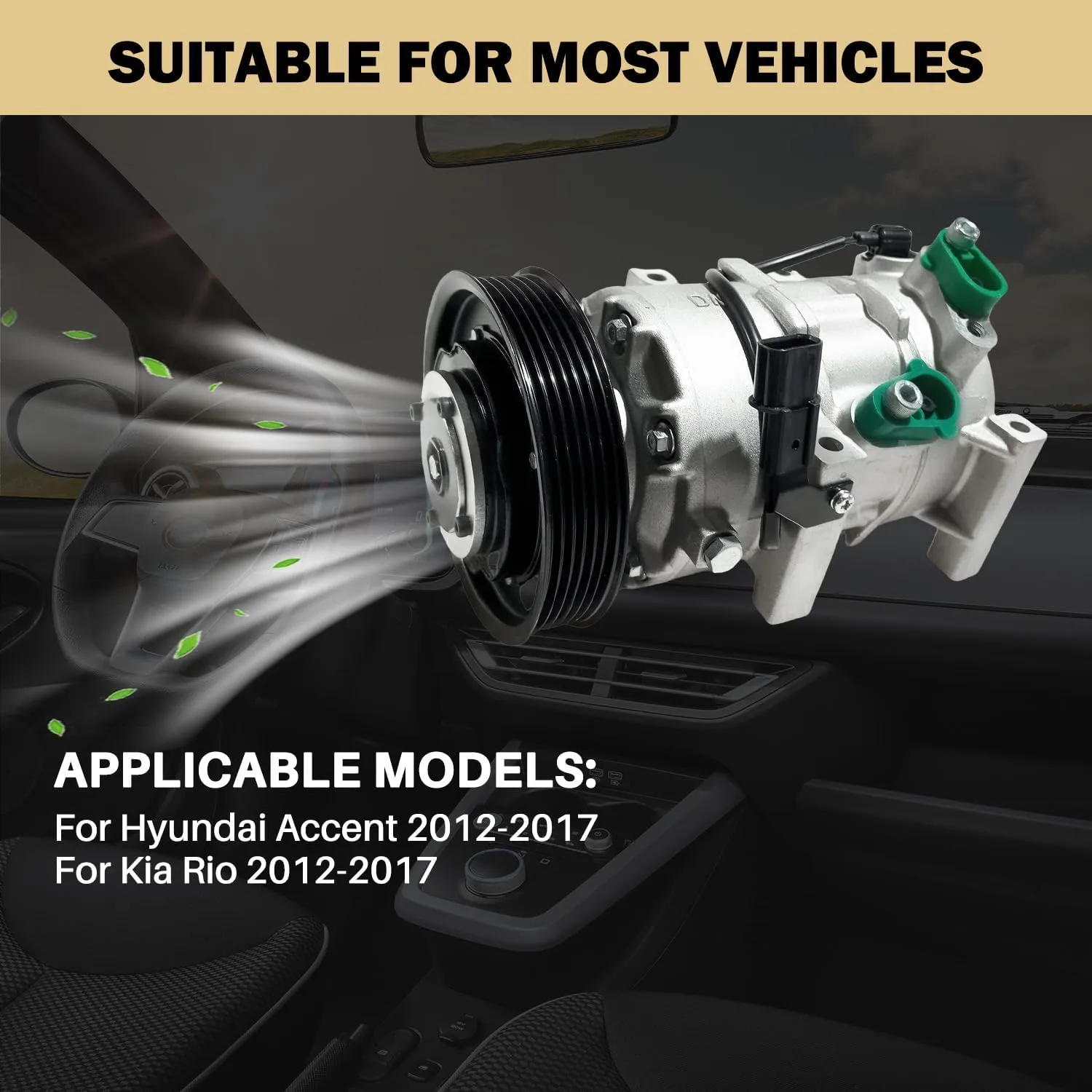 Air Conditioner AC Compressor Fits for Hyundai Accent 1.6L 2012-2017, for Kia Rio 1.6L 2012-2017, with A/C Clutch, CO20765C AC Compressor, Replaces 977011R100, 977011R100DR, 977011W600